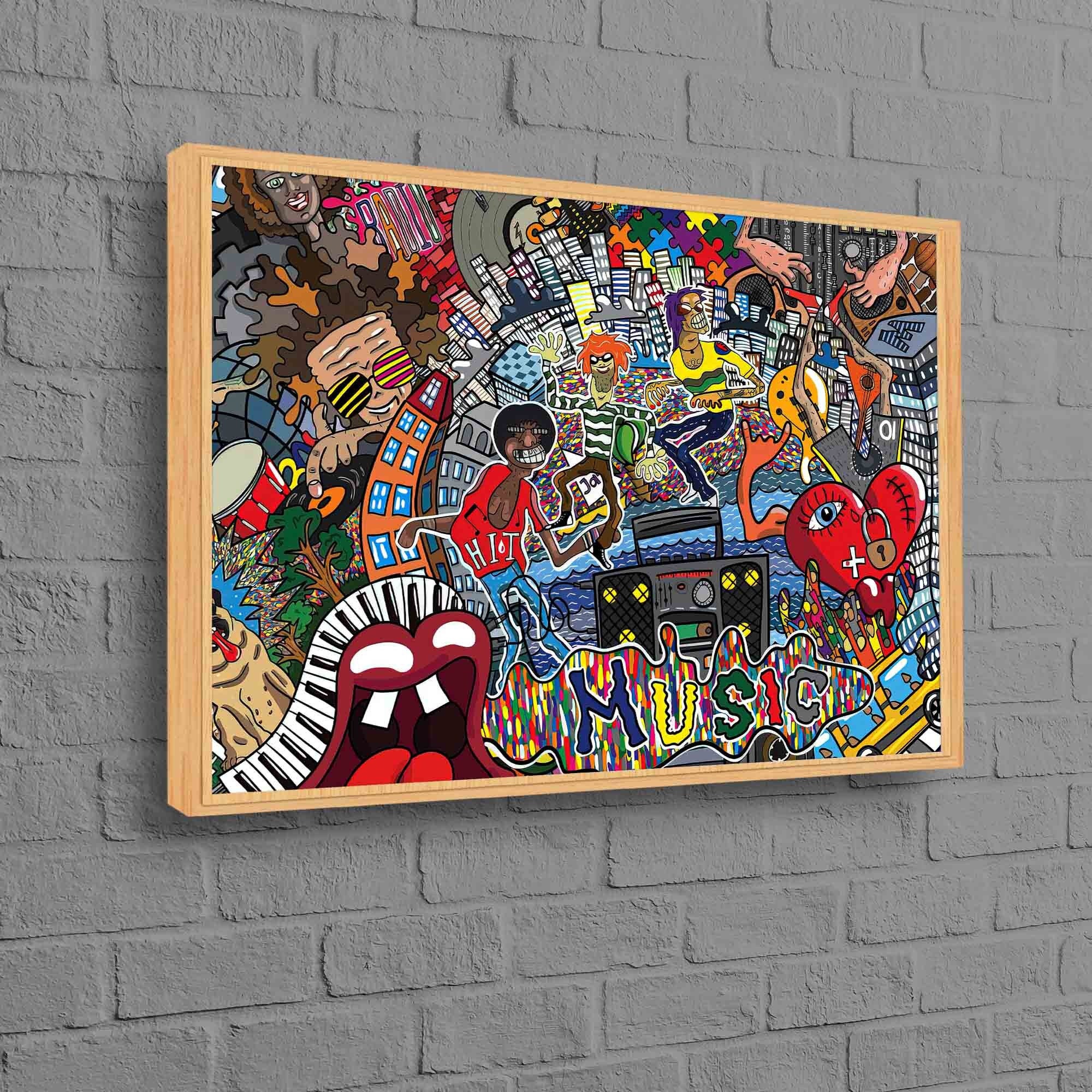 Opera d'arte musicale astratta, tela artistica musicale, tela artistica colorata, tela artistica graffiti, opera d'arte graffiti musicali, graffiti co