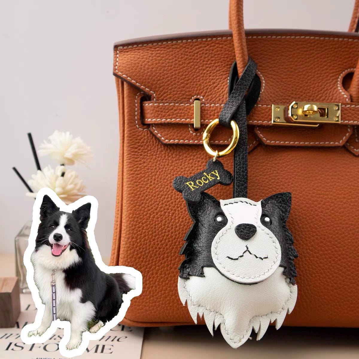 Ciondolo in pelle personalizzato Border Collie, ciondolo in pelle per borsa, ciondolo in pelle per borsa e borsetta a forma di cane, portachiavi con c