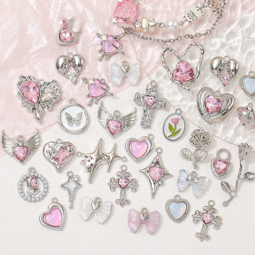 ciondoli pendenti in argento, gioielli alla moda rosa, stile punk, collane di gioielli fatti a mano, materiale fai da te, orecchini, accessori, bracci