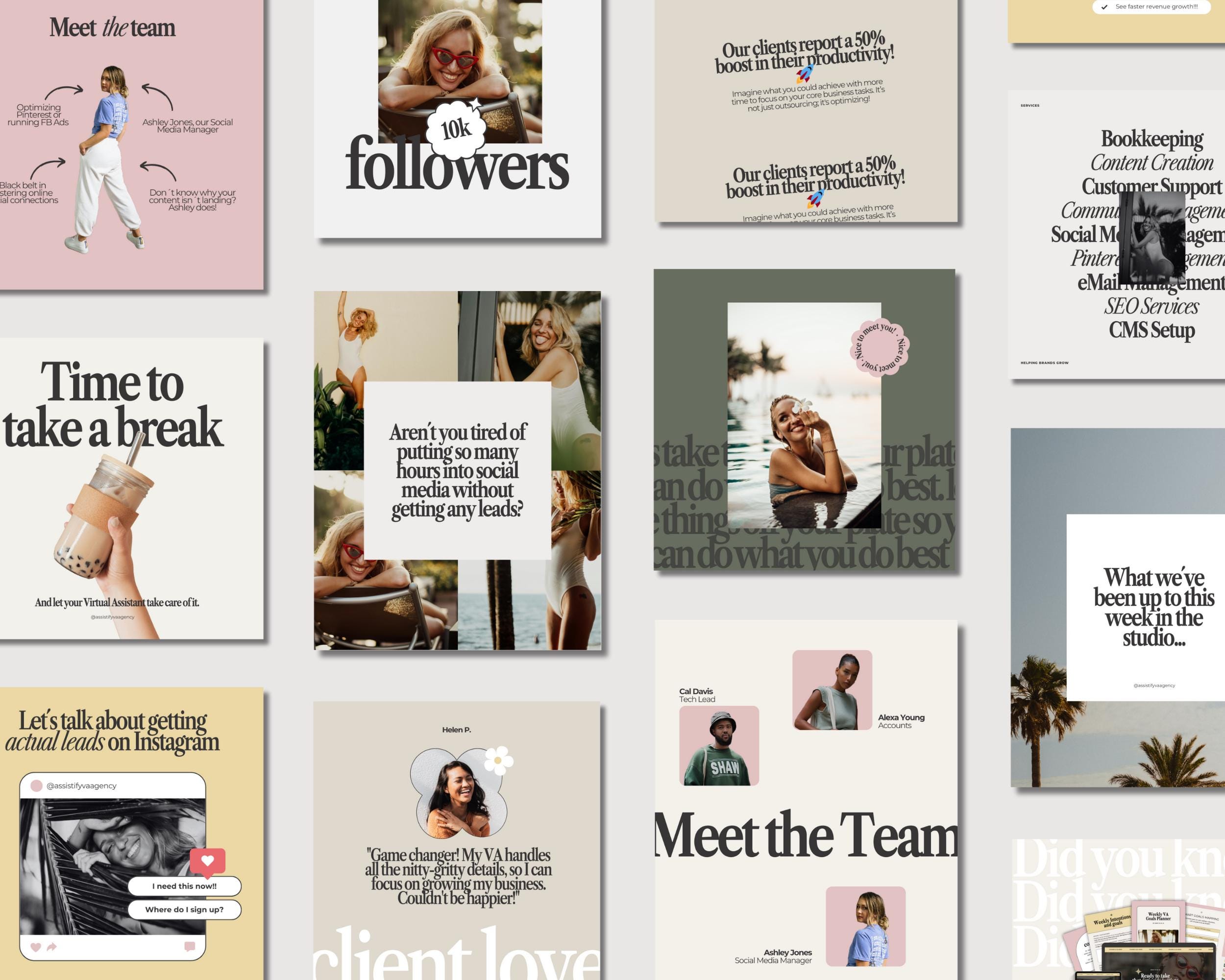 100 modelli di Instagram, modelli per social media, modelli per assistenti virtuali, modelli Canva per fornitori di servizi, post di Instagram, copert
