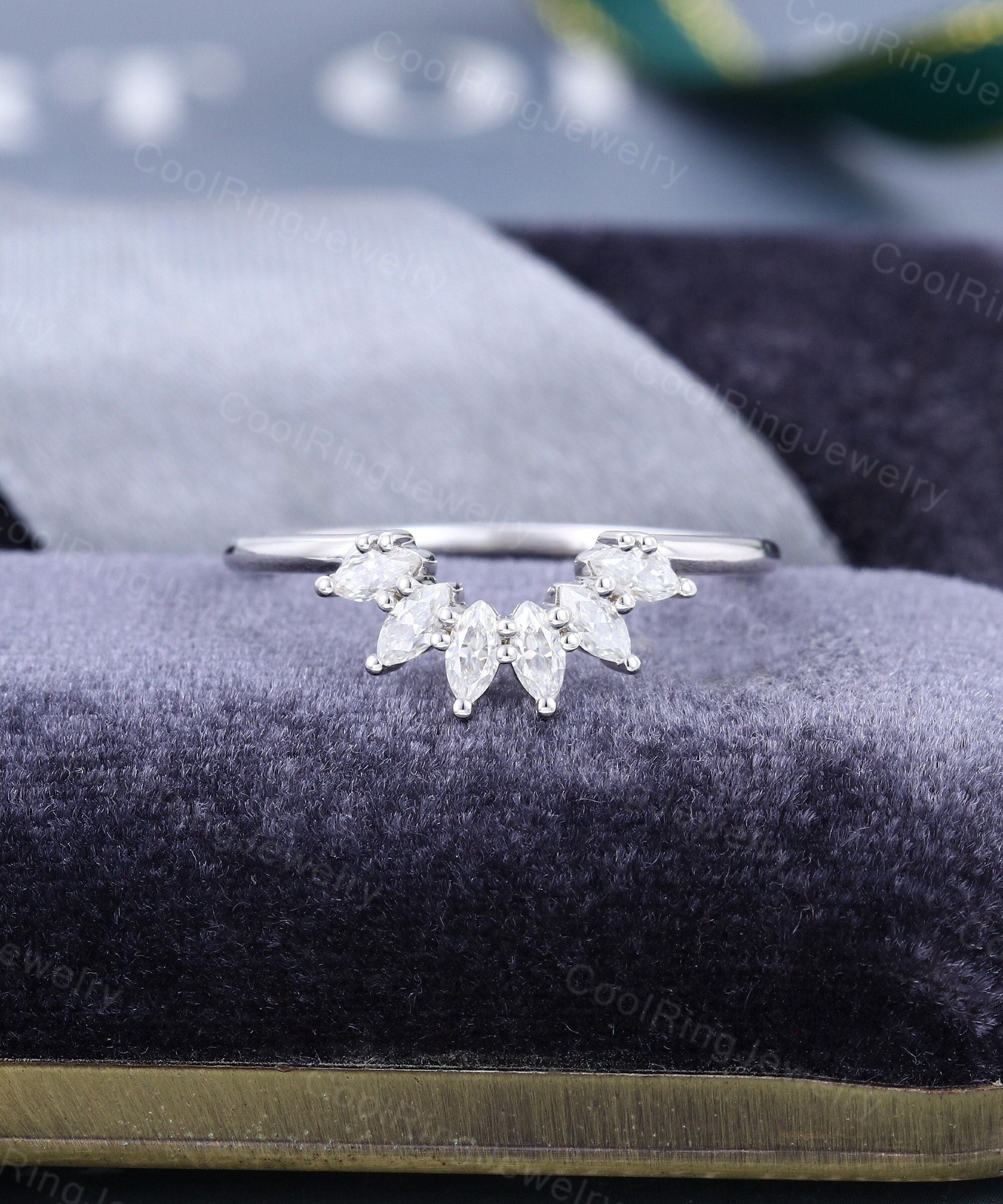 Fede nuziale curva unica in oro bianco con taglio marquise, Moissanite/diamante, fede nuziale impilabile vintage, anello nuziale, anello per anniversa