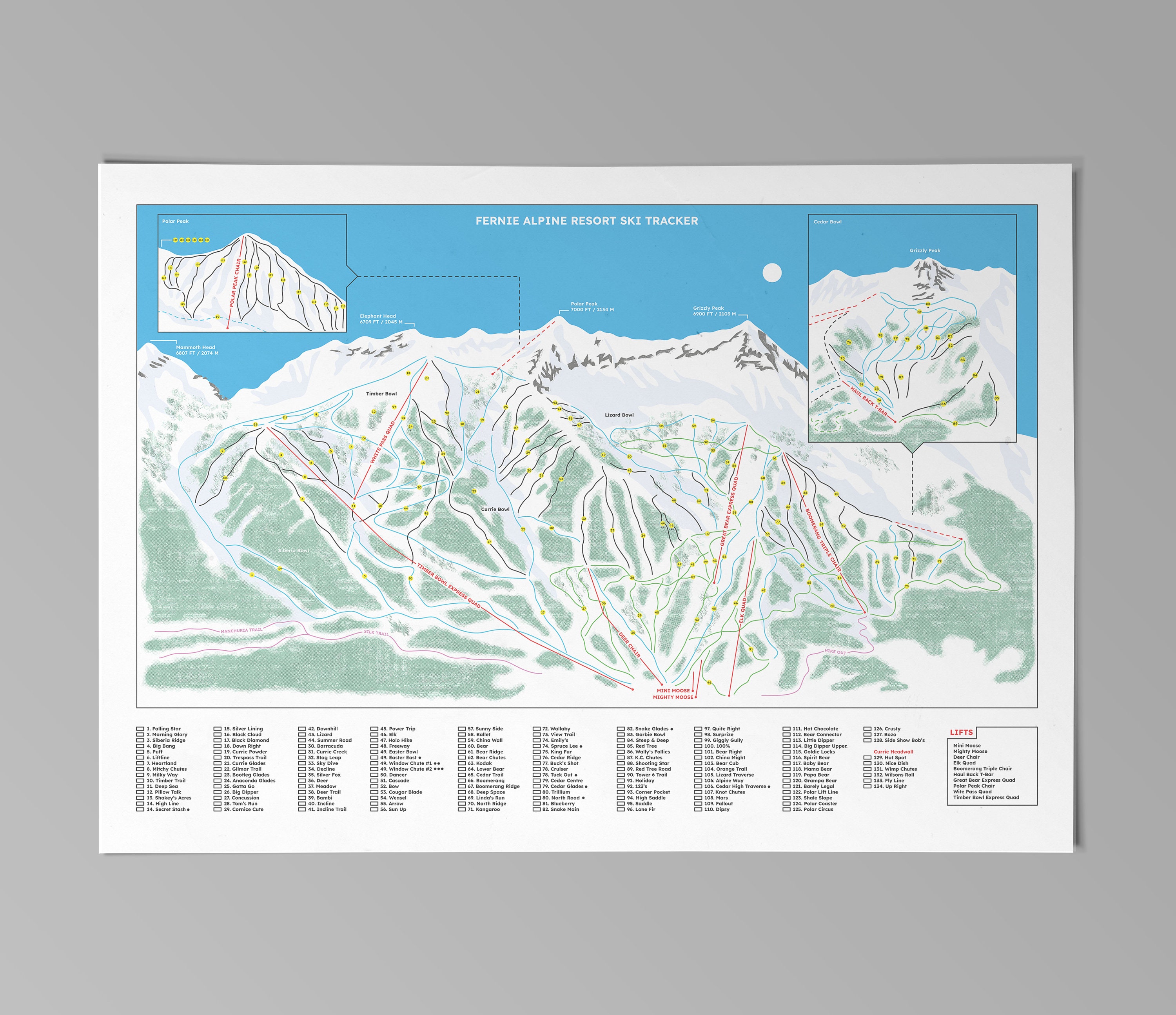 Poster della mappa dei sentieri della stazione sciistica di Fernie Alpine: mappa delle piste del Canada (digitale)