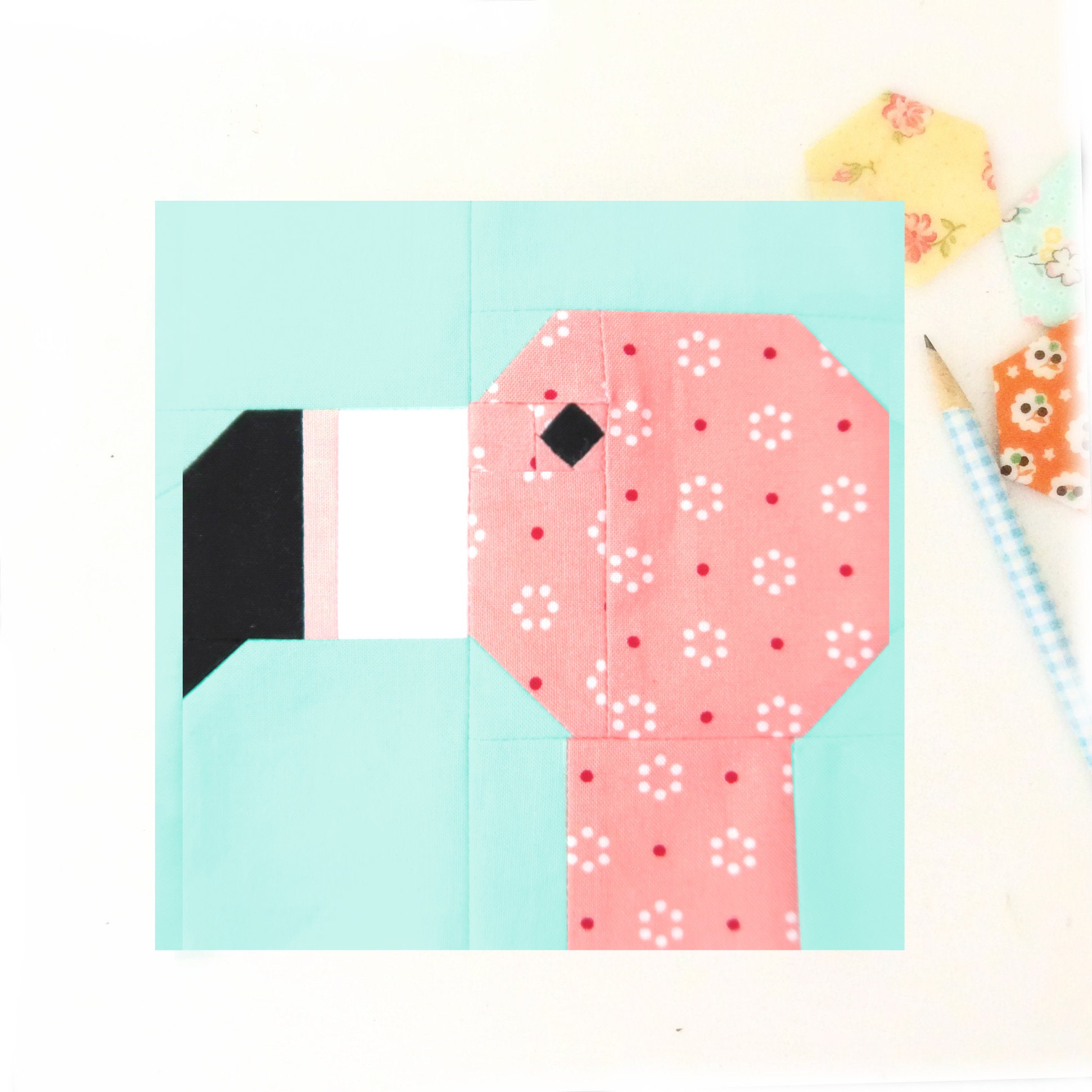 Modello PDF Flamingo Bird Animal Summer Tropical Fun Quilt Block - Include istruzioni per blocchi finiti da 6 pollici e 12 pollici