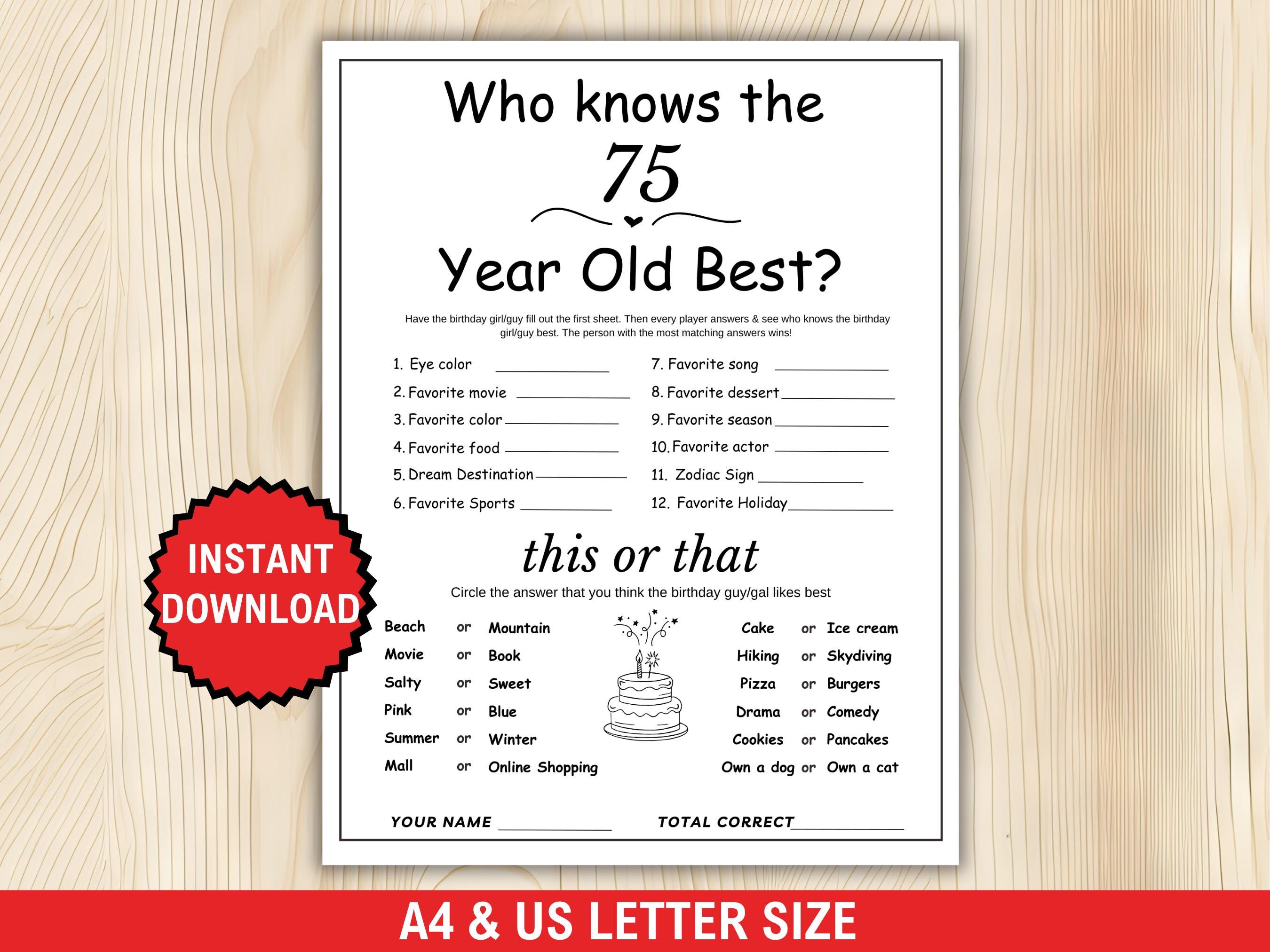 Chi conosce il miglior gioco per i 75enni? Gioco per il 75o compleanno, stampabile, attività per la festa del 75o compleanno, quiz sul 75o compleanno,