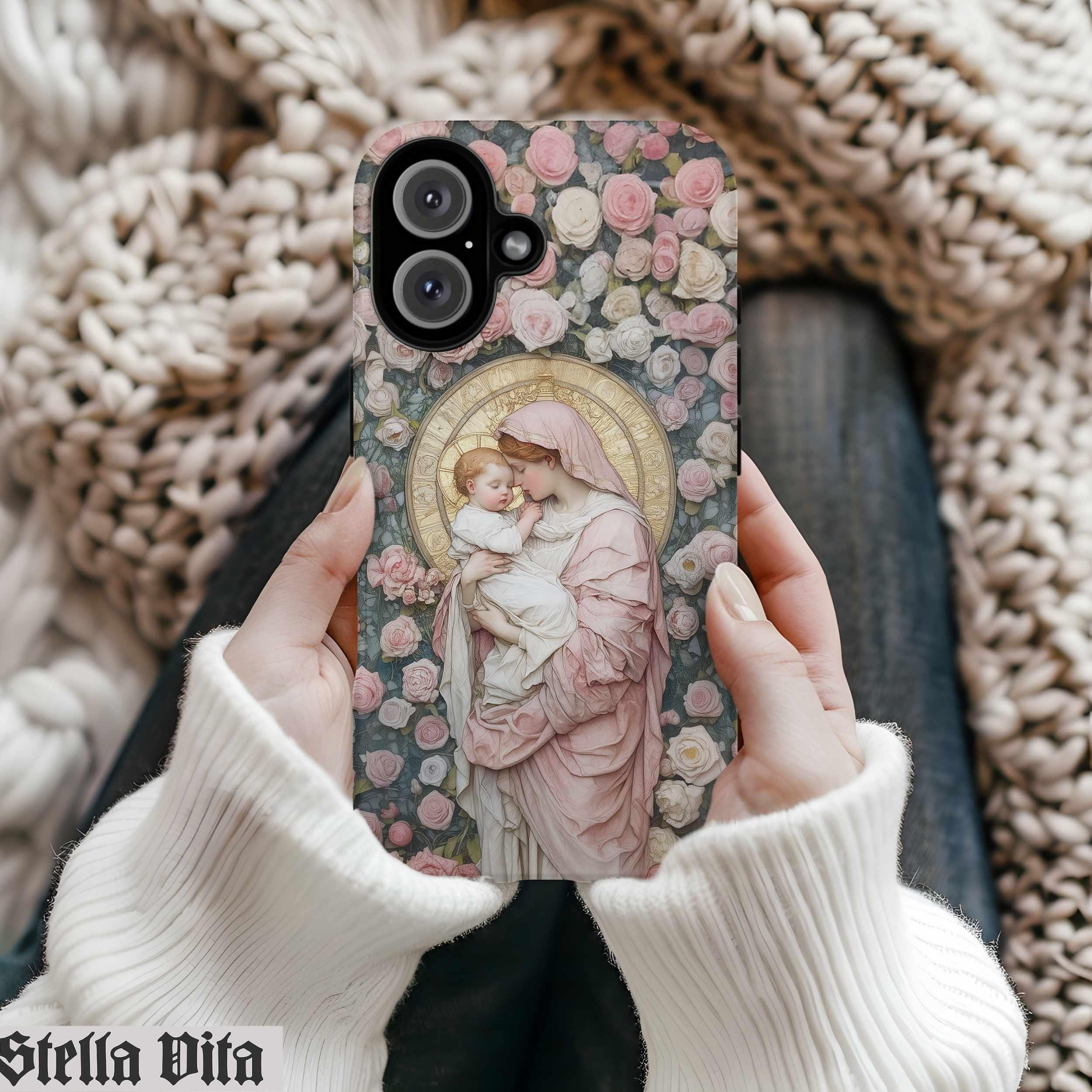 Custodia per iPhone con Maria e Gesù Bambino, custodia Magsafe, regalo religioso cattolico, Sacro Cuore, Vergine Maria magnetica, regalo per iPhone 16