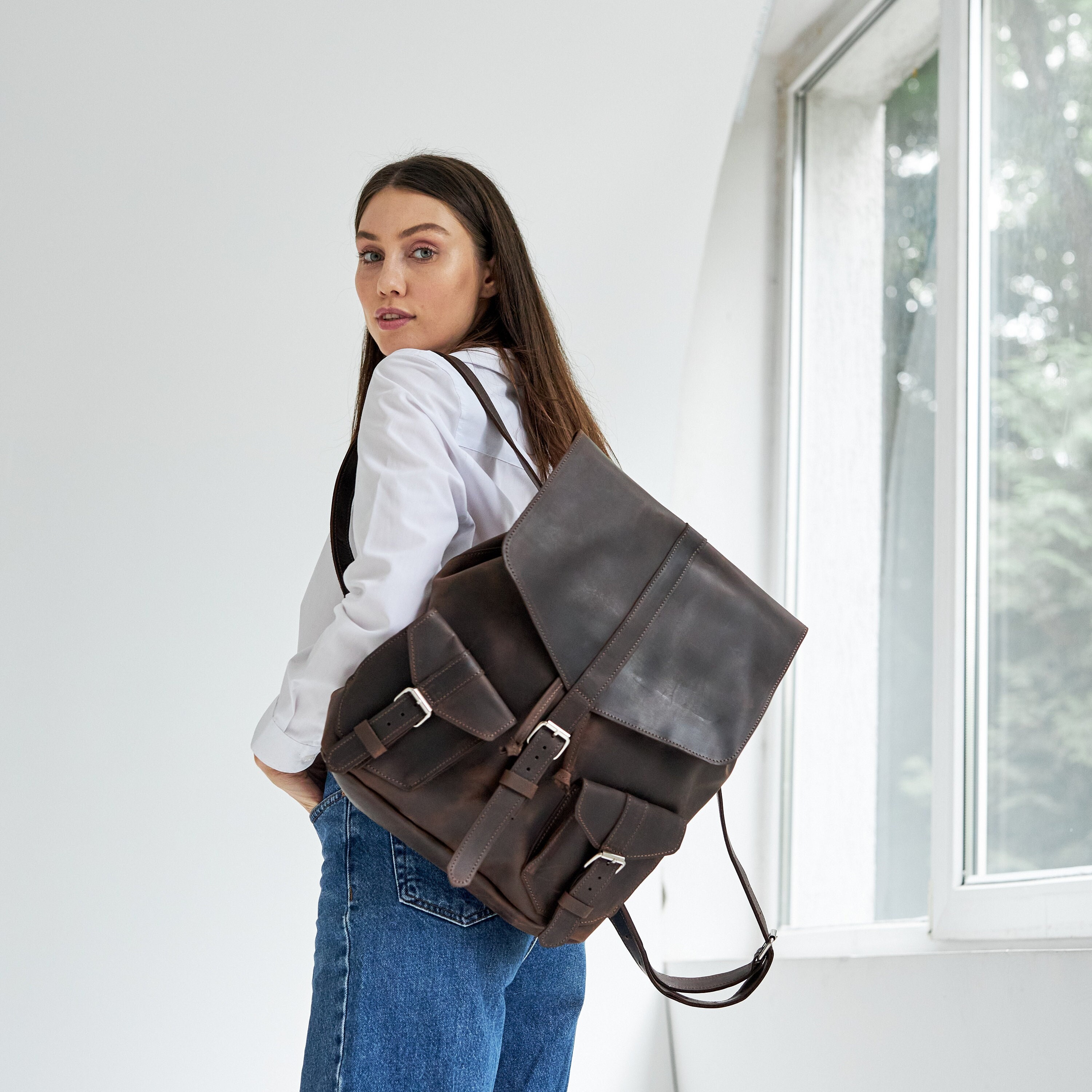 Zaino unisex in pelle, zaino minimale, mini zaino con borsa, zaino unisex in pelle, borsa zaino in pelle, zaino da viaggio, zaino da donna