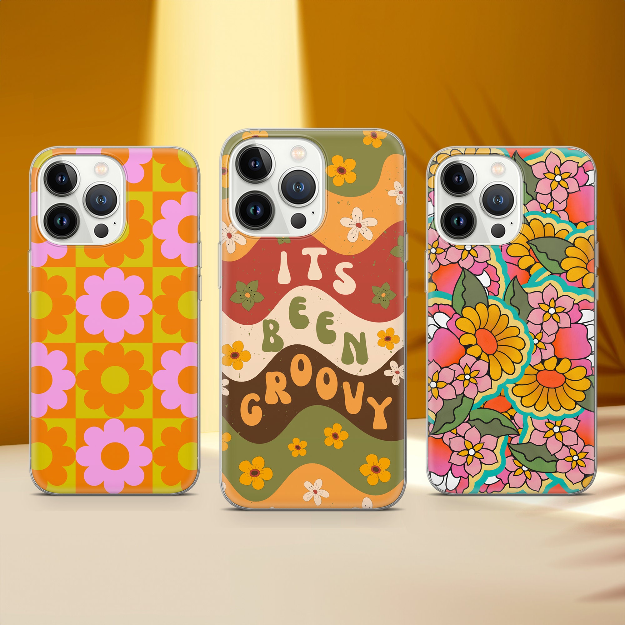 Custodia per telefono con stampa a motivi anni '70, motivo floreale, stile retrò, adatta per iPhone 17 Pro Max 16 15 14 13 12 13, Samsung S25 S24 S23