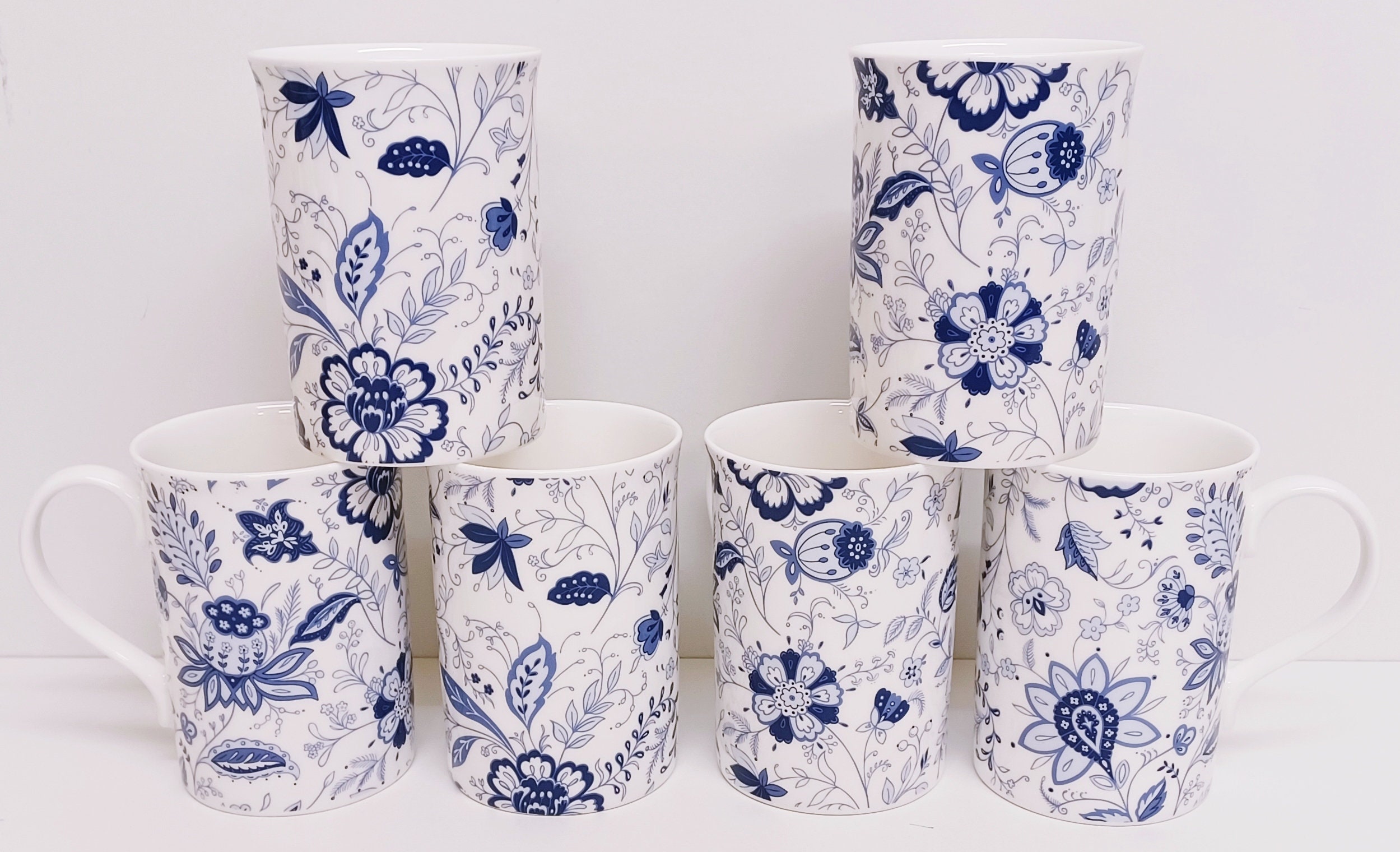 Set di 6 tazze Blue Persia in porcellana Bone China blu e bianca con motivi floreali orientali da 10,5 fl oz e 300 ml, tazze Windsor decorate a mano n