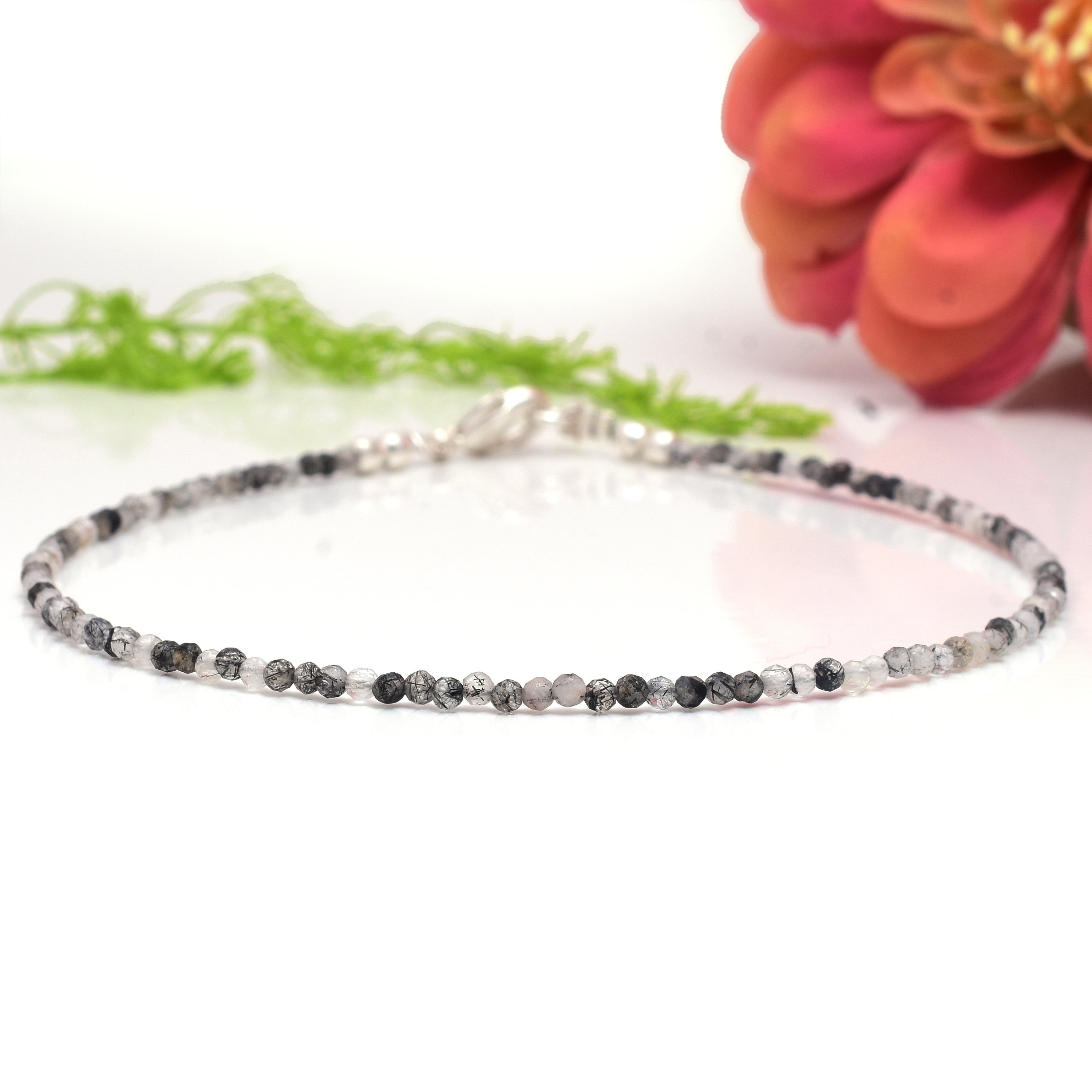 Bracciale minimalista in quarzo rutilato e tormalina nera - Bracciale delicato in pietra naturale - Cristallo curativo, delicato regalo di protezione
