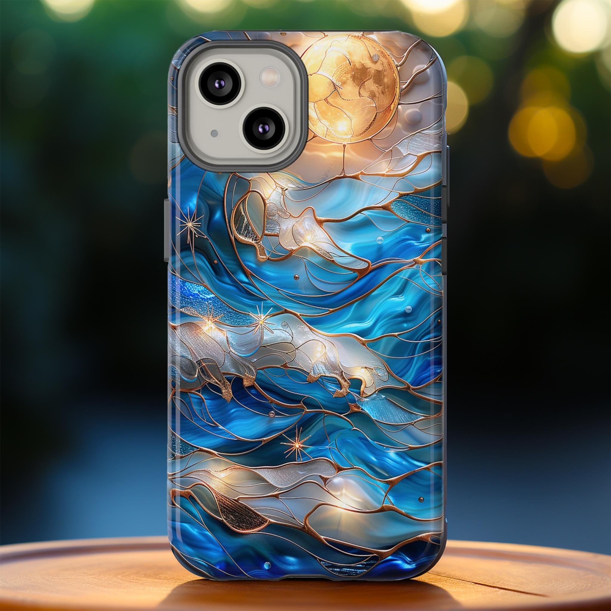 Custodia per telefono con stampa di stelle in mosaico in vetro colorato celeste, custodia per telefono con design del cielo notturno stellato in vetro