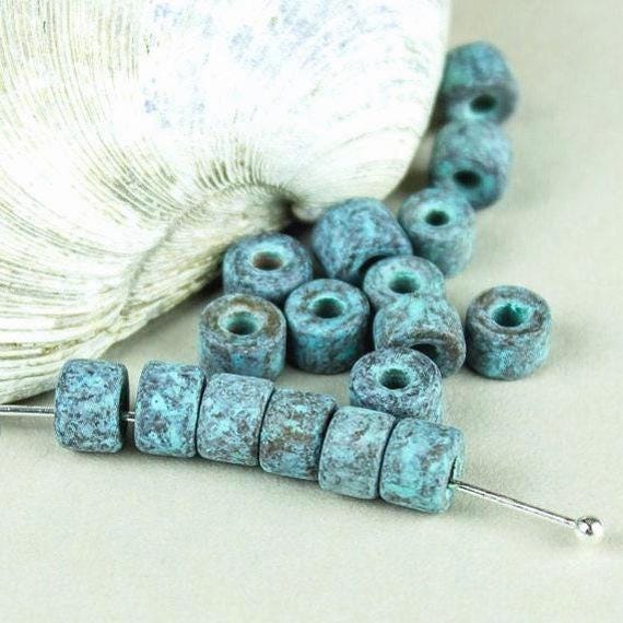 Perline di Mykonos, ceramica patinata verde, mini tubo da 6 x 4 mm, rame verderame, perline greche con foro largo, 10/20/50 pezzi