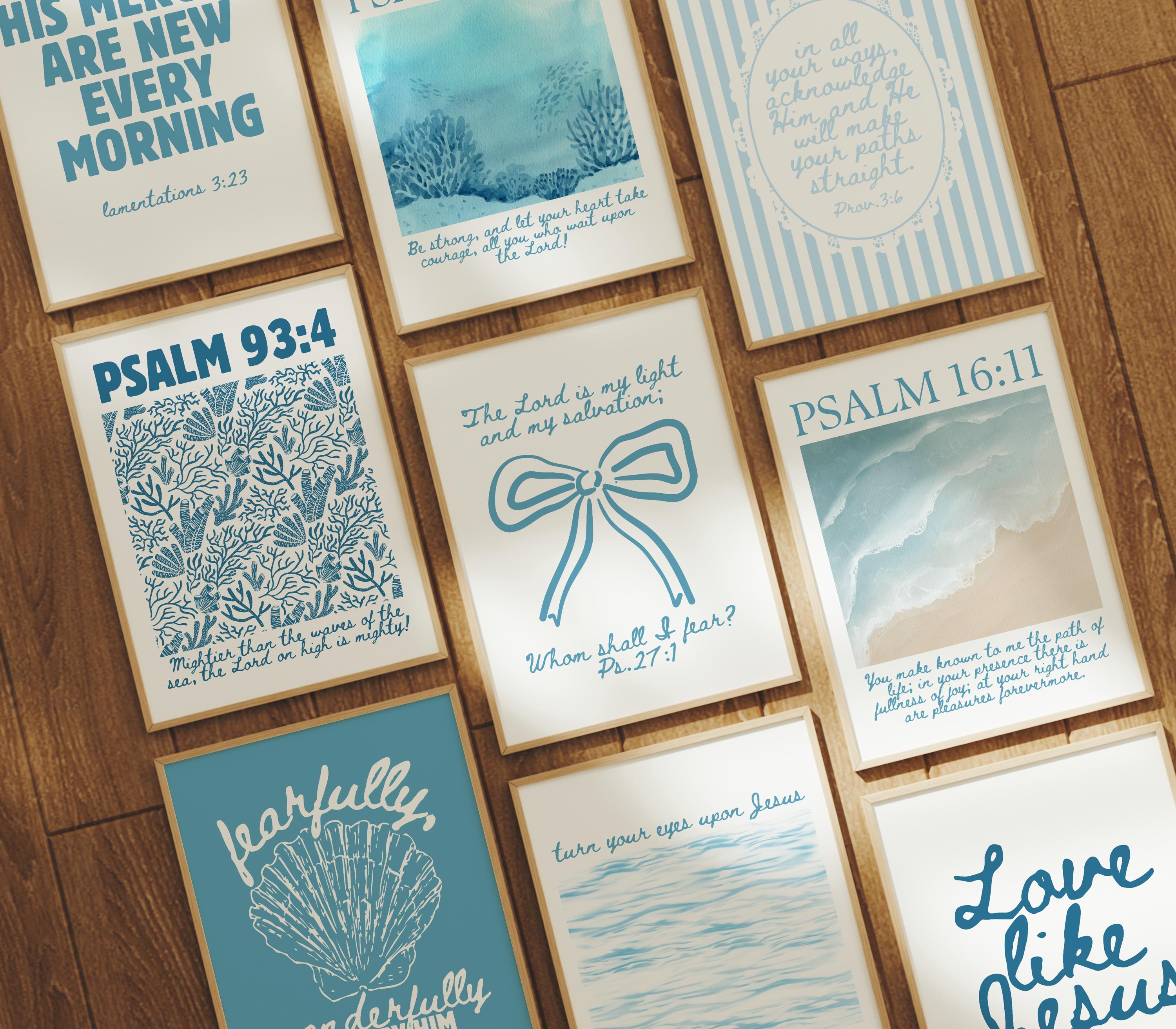 Set di 9 stampe murali cristiane sulla costa: stampe di versetti della Bibbia e delle Scritture, stampe murali sulla spiaggia blu, stampe nautiche, de