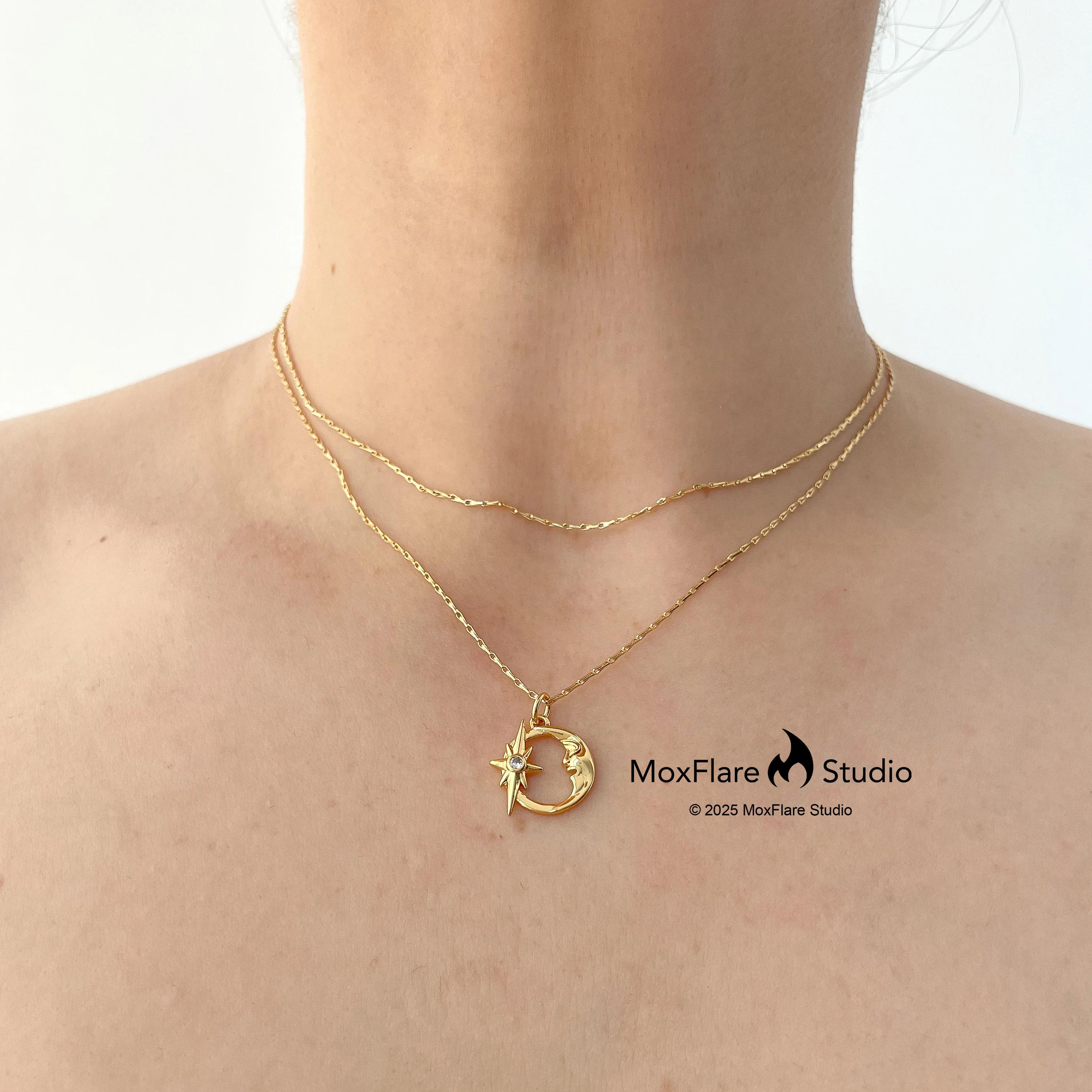 Delicata collana in oro con ciondolo a forma di luna, collana con stella polare, collana a strati, collana con ciondolo, collana con ciondolo, ciondol