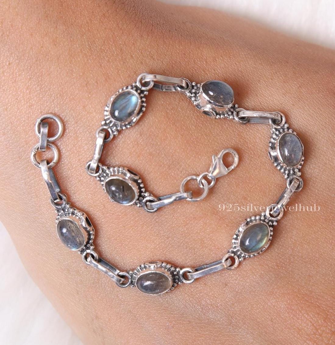Bracciale in labradorite, bracciale in argento sterling 925, bracciale in cristallo, bracciale fatto a mano, gioielli cabochon, bracciale delicato, re