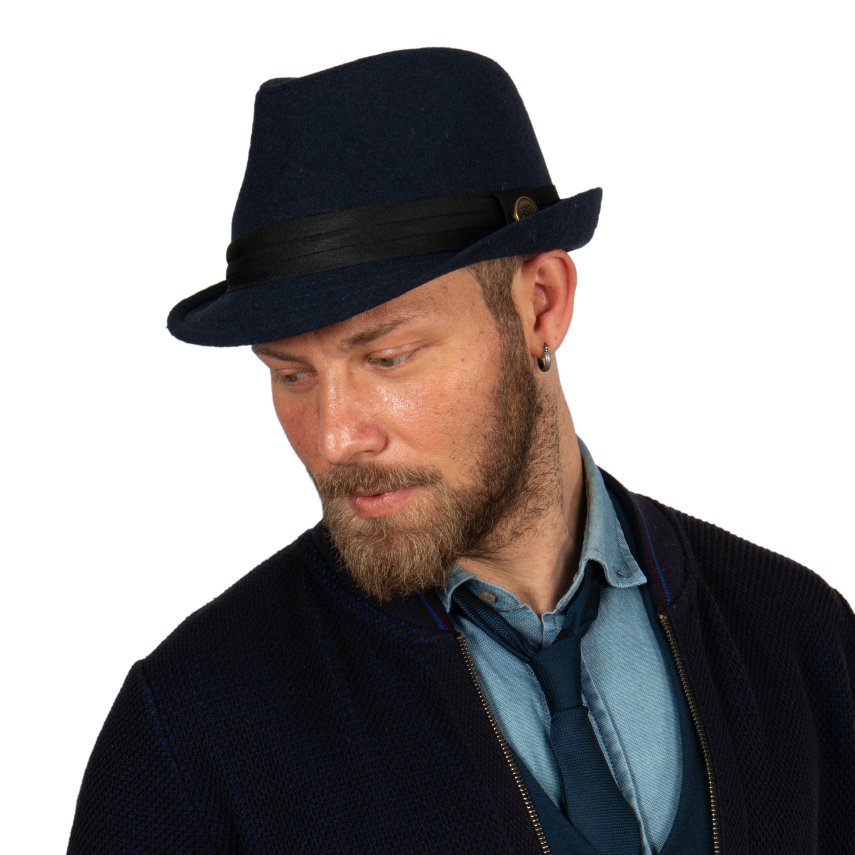 Cappello in pile polare Fedora blu scuro, cappello invernale da uomo, cappello Fedora rigido, cappello Boho uomo, cappello a tesa corta, cappello vint