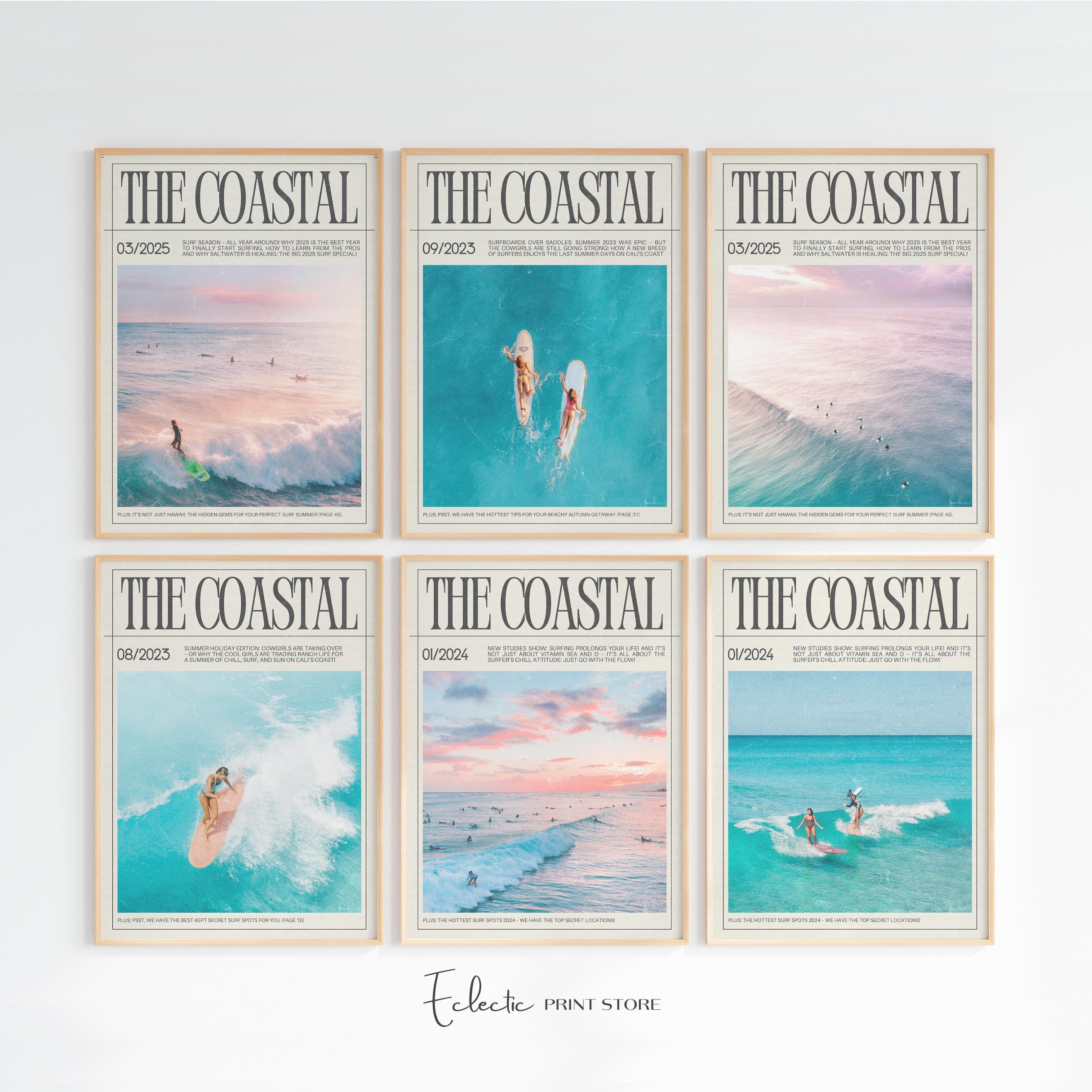 Set di 6 stampe di copertine di riviste Coastal Cowgirl, poster di Surfer Girl, decorazioni murali alla moda, decorazioni costiere vintage, decorazion