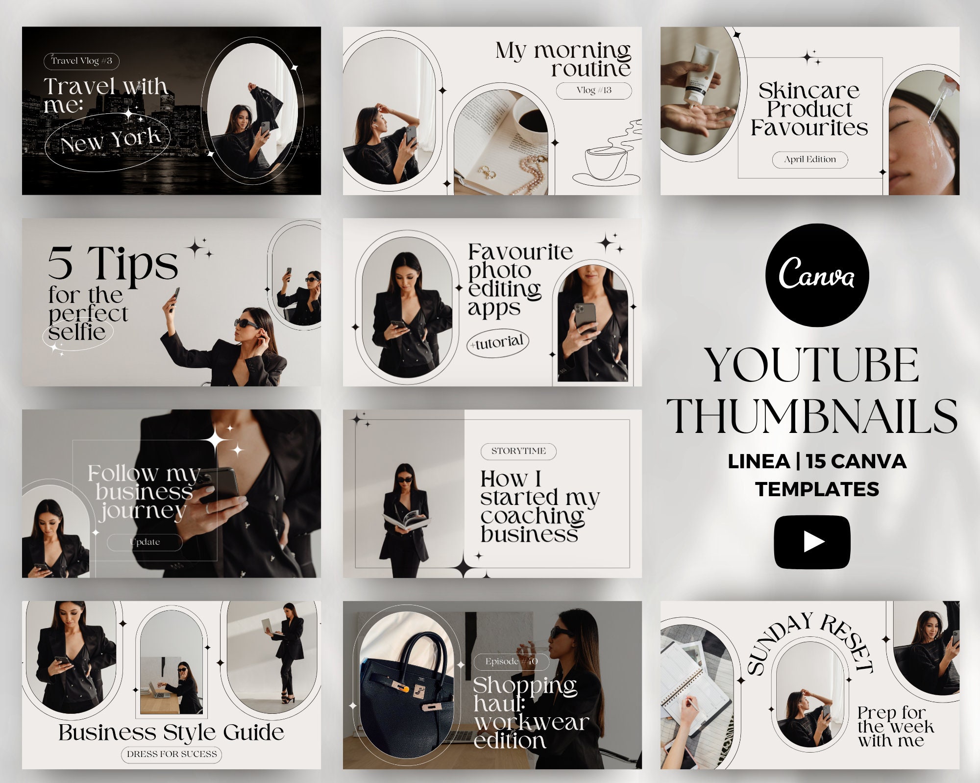 Modelli di miniature YouTube Canva, kit di branding YouTube, design minimalista dei canali, miniature YouTube, modelli YouTube per influencer, Vlog