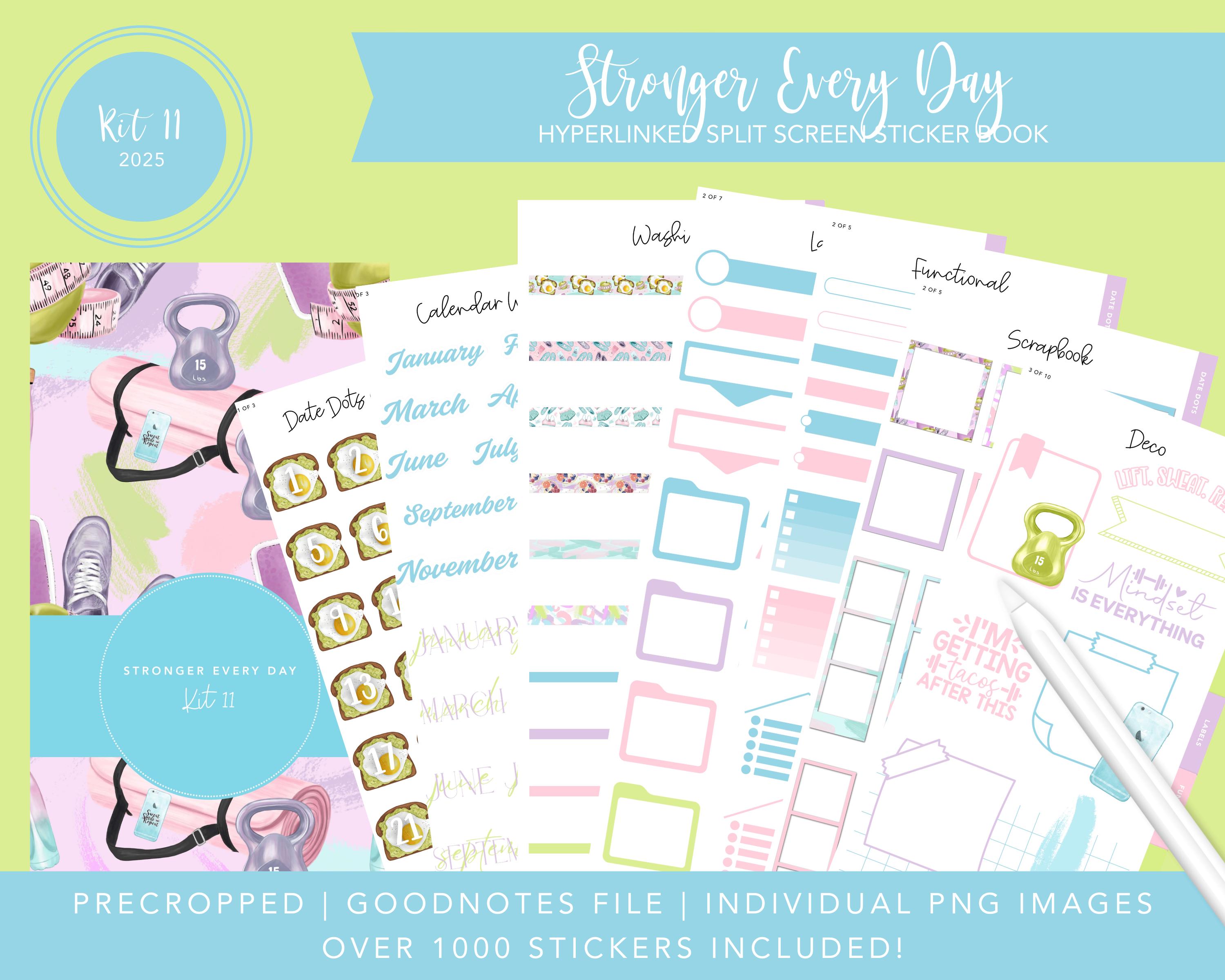 Kit 2025 11 Split Screen Sticker Book / Stronger Every Day / Adesivi Fitness / Oltre 1000 adesivi digitali / Pre-tagliati / Goodnotes