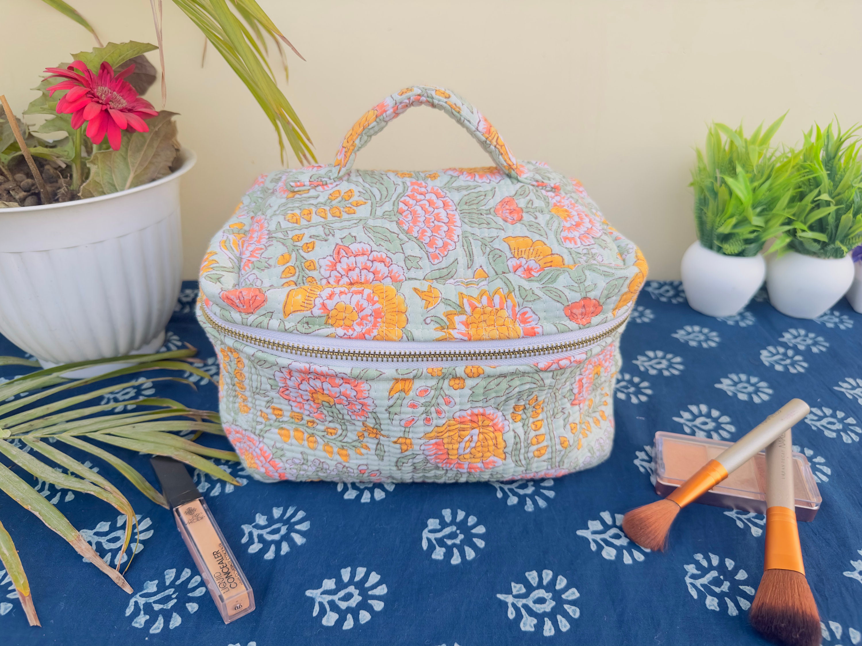 Borse per cosmetici di grande capacità Borse per il trucco cosmetico da donna Borse da viaggio con stampa a blocchi Borsa per il trucco trapuntata Bor