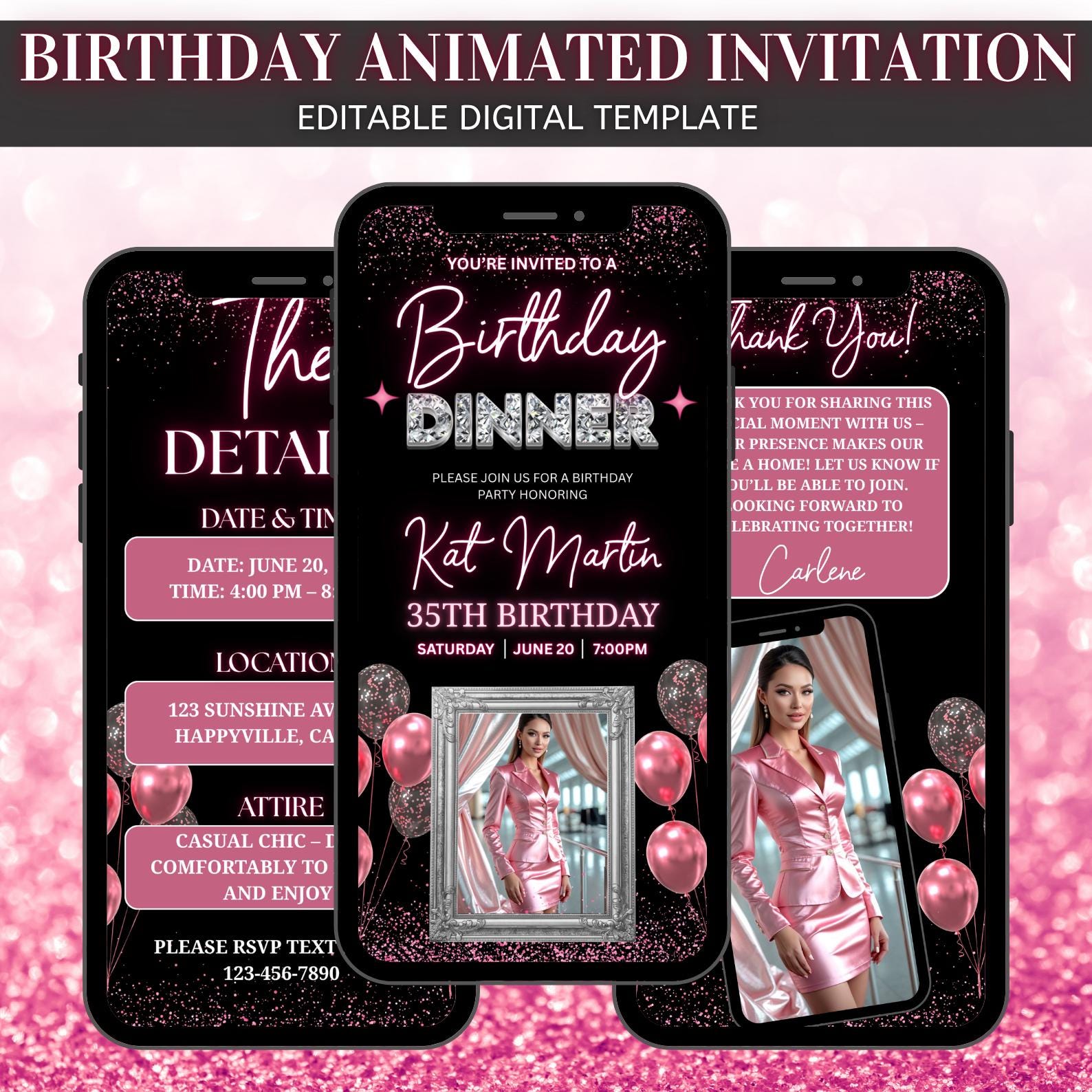 Modello di invito digitale per cena di compleanno, invito di compleanno animato, invito di compleanno modificabile su Canva, cena di compleanno rosa,