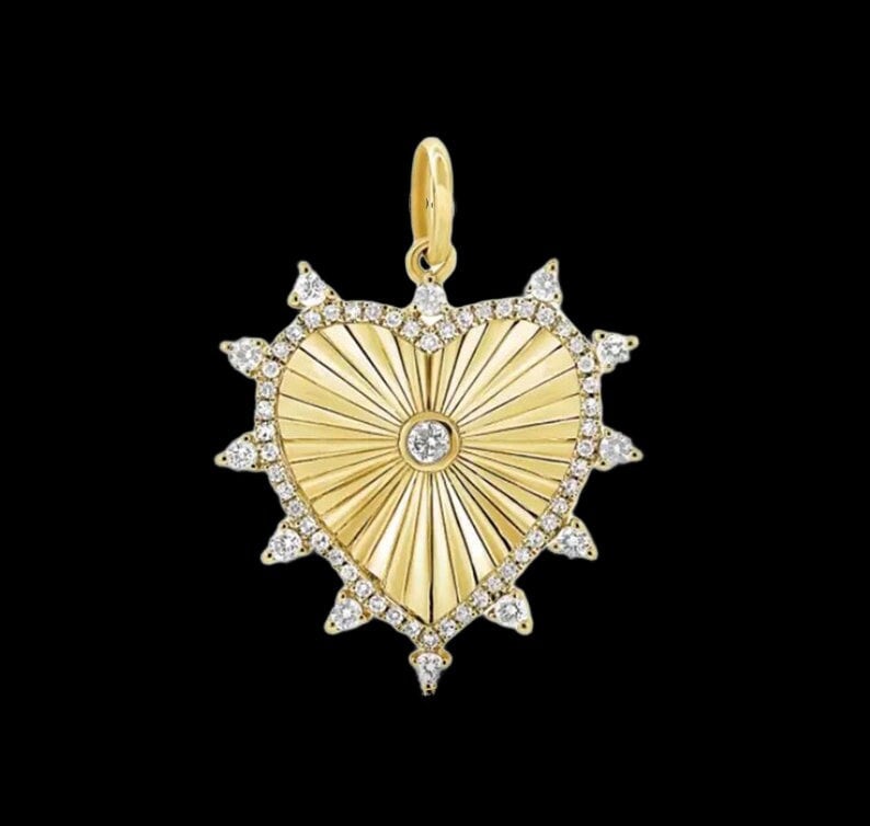 Ciondolo a forma di cuore con diamanti a forma di stella in oro massiccio 14k, splendido ciondolo a forma di cuore con diamanti a forma di stella in o