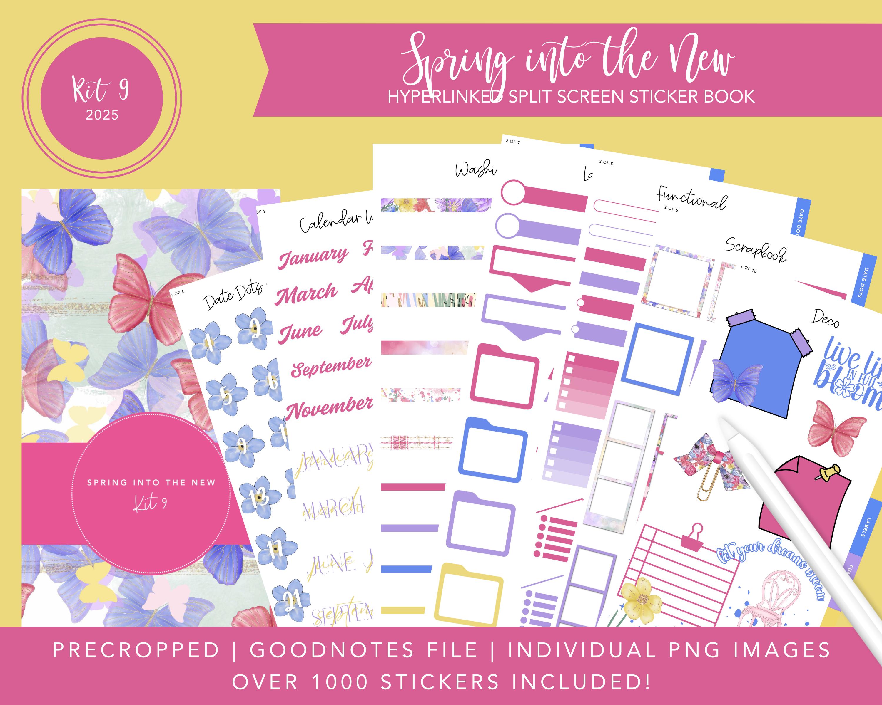 Kit 2025 9 Split Screen Sticker Book / Primavera nel nuovo / Adesivi primaverili / Oltre 1000 adesivi digitali / Pretagliati / Goodnotes