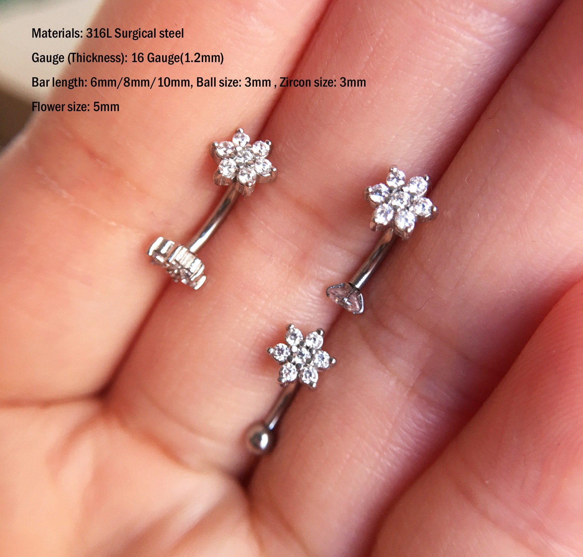 16 g 6 mm/8 mm/10 mm Fiore sopracciglio, anello per sopracciglia, bilanciere a forma di torre, orecchini a forma di torre, gioielli con bilanciere cur
