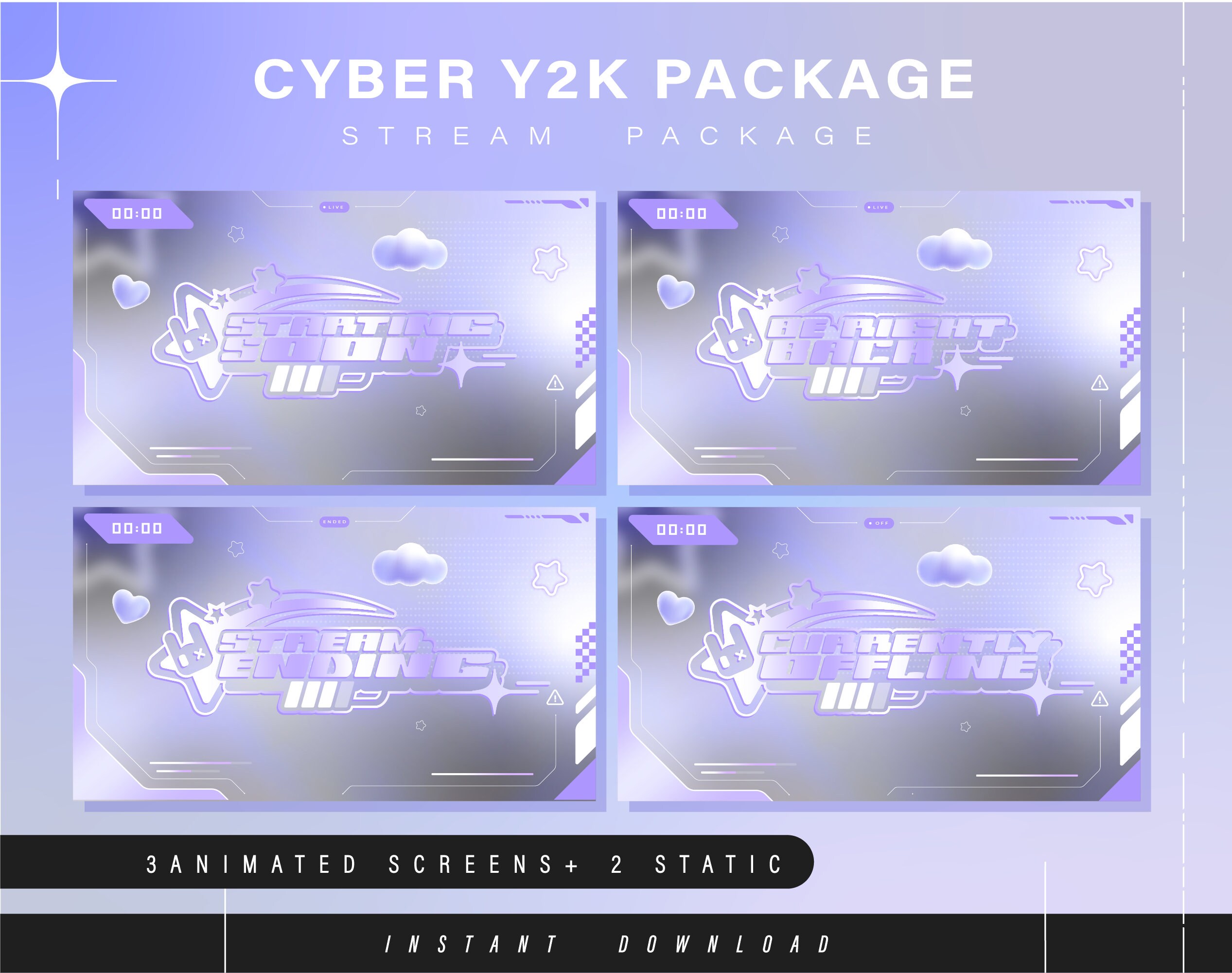 Pacchetto Twitch Cyber y2k - Pacchetto streaming minimale animato - Scene di streaming - Sovrapposizioni Twitch - Schermate animate Pacchetto streamin