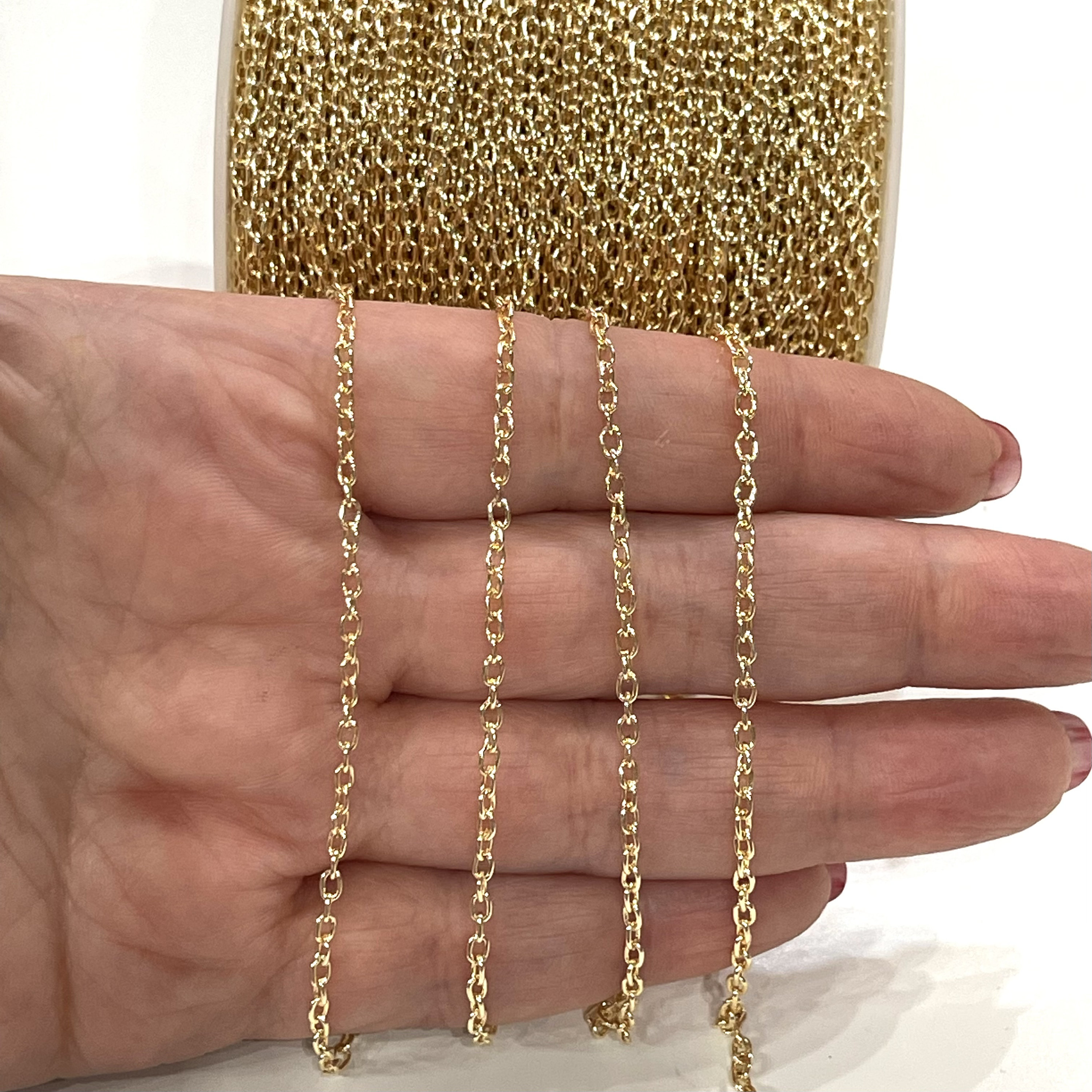 Catena Rolo placcata oro 24 carati, 5 metri all'ingrosso, catene Rolo a maglie aperte da 3 x 2 mm, catena a maglie larghe in oro, catena di estensione