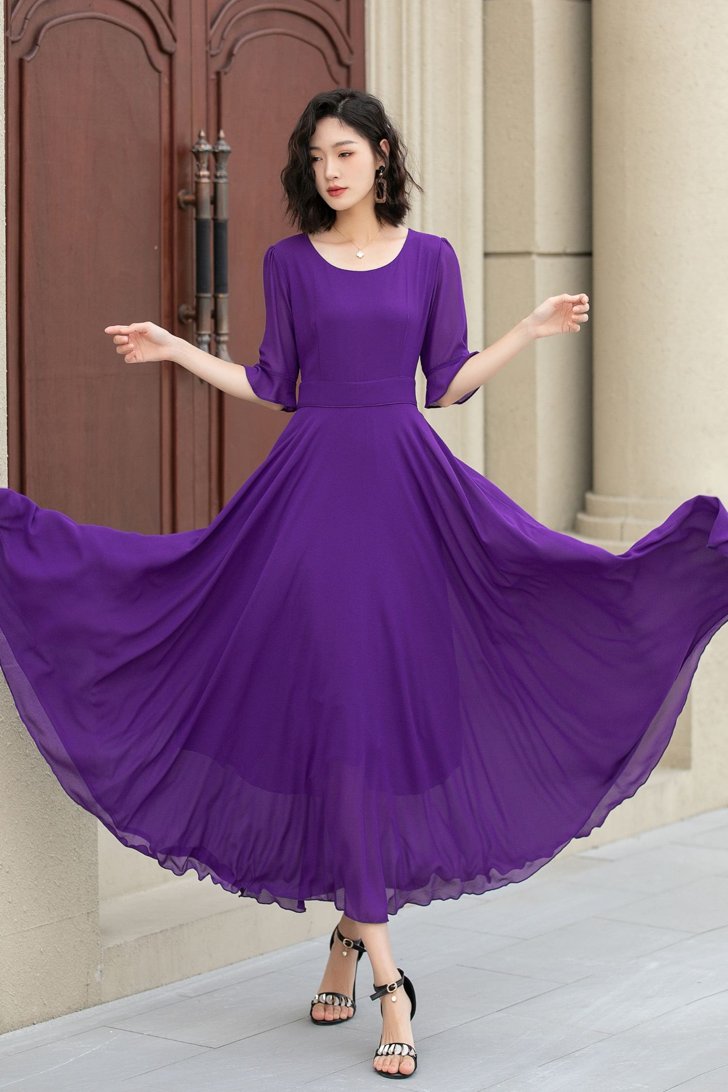 Abito da donna in chiffon, abito estivo a trapezio in chiffon, abito boho viola, abito ampio e svasato, abito a ruota in chiffon, abito lungo fino all