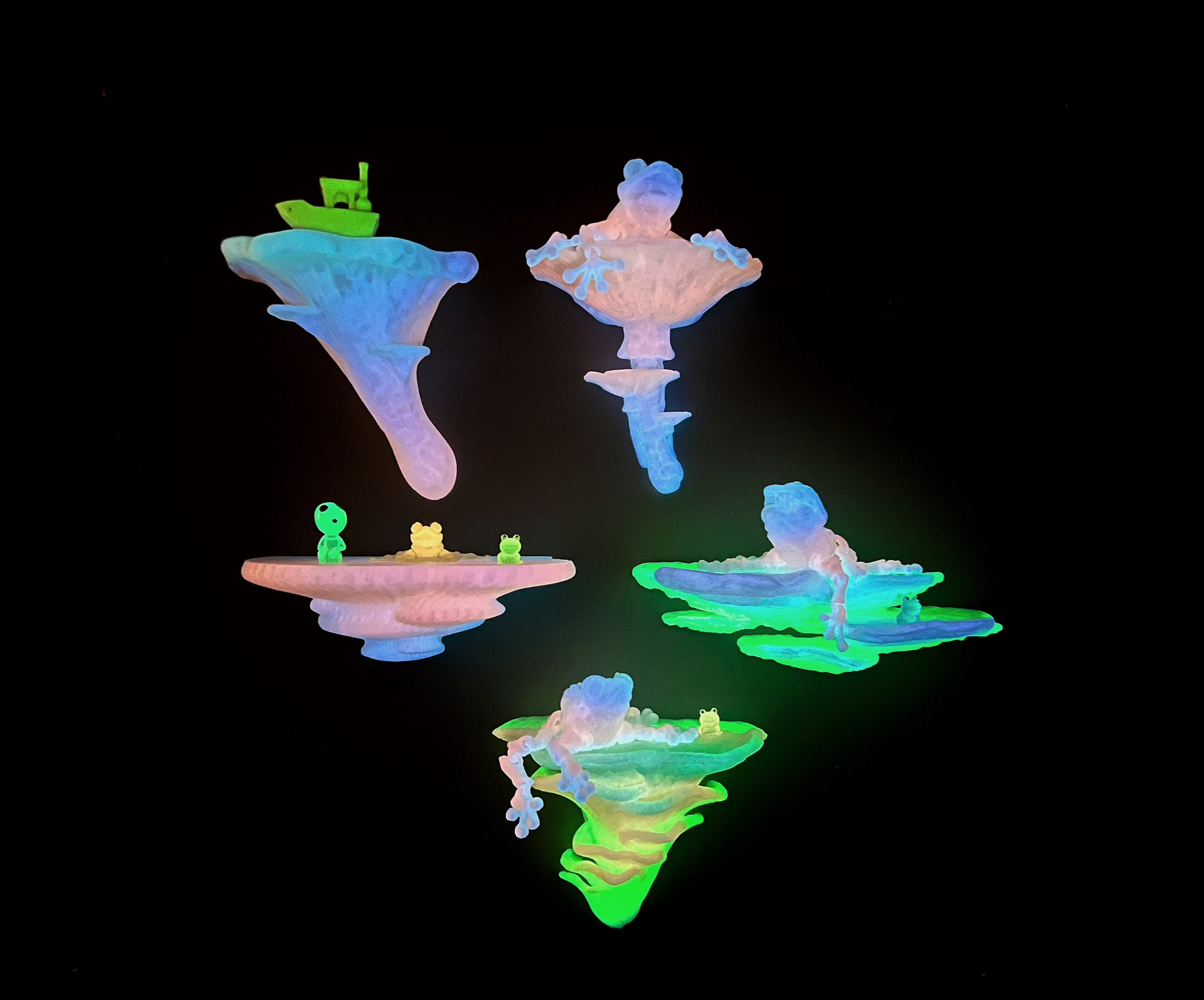 Set di 5 mensole galleggianti a forma di fungo che si illuminano al buio, mensole decorative uniche a forma di fungo. Decorazioni a forma di fungo arc