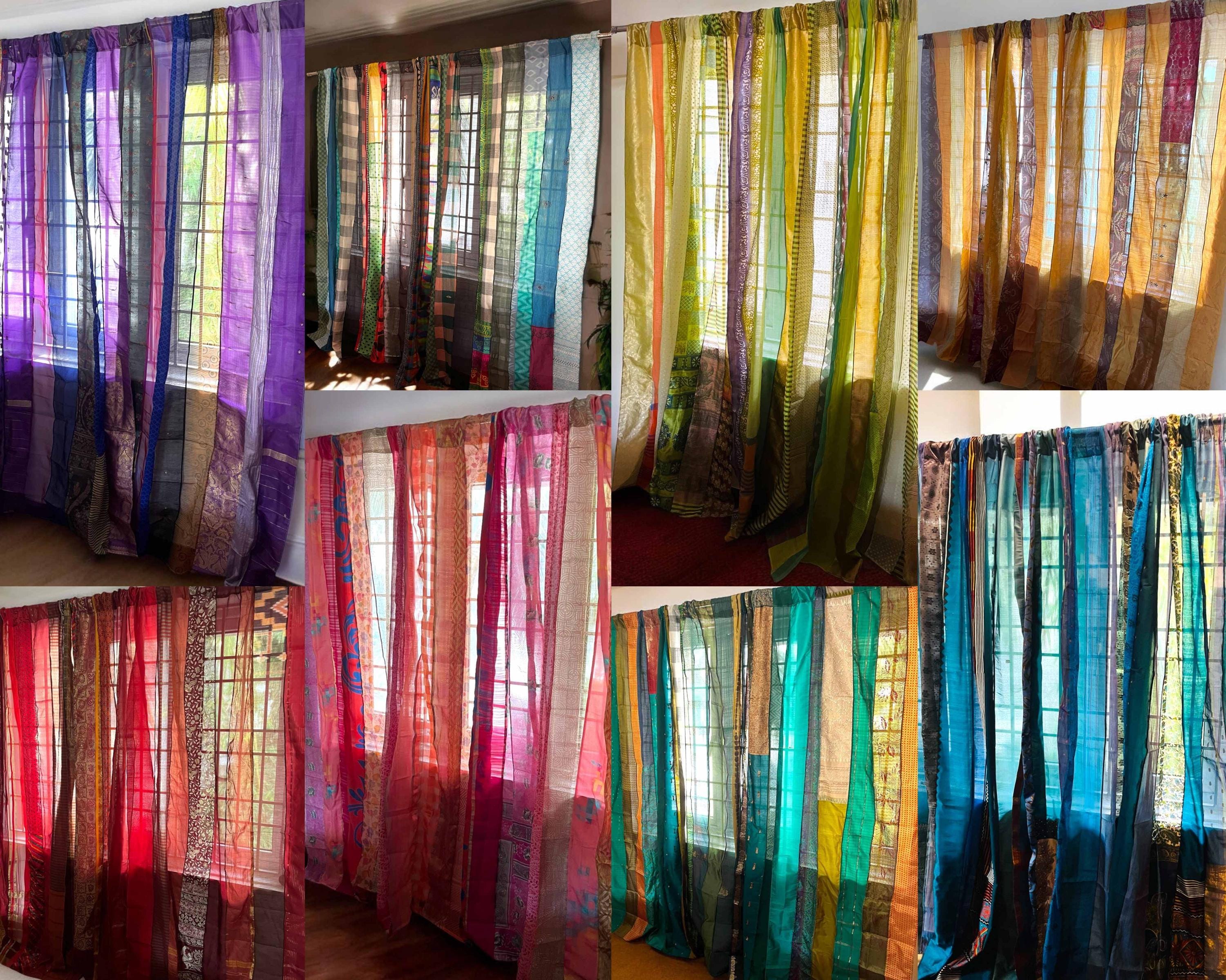 Tende Sari Boho, Tende Sari fatte a mano e riciclate con strisce Sari, Tende Hippie trasparenti per finestre e porte, Decorazioni per la casa con tend