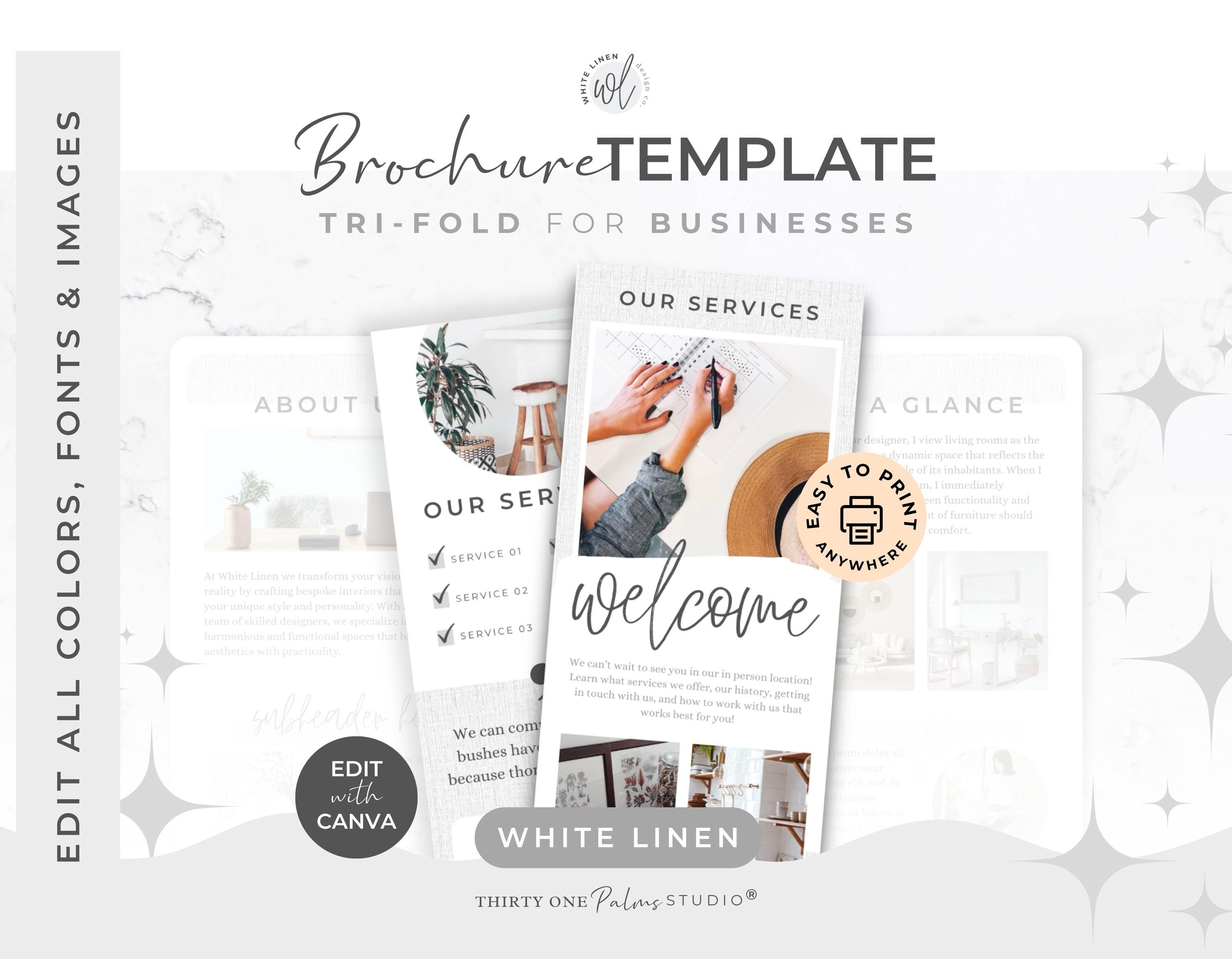 Modello di brochure modificabile per Canva - Modello Canva, brochure a tre ante, brochure aziendale, stampabile, immobiliare, coach, lino bianco