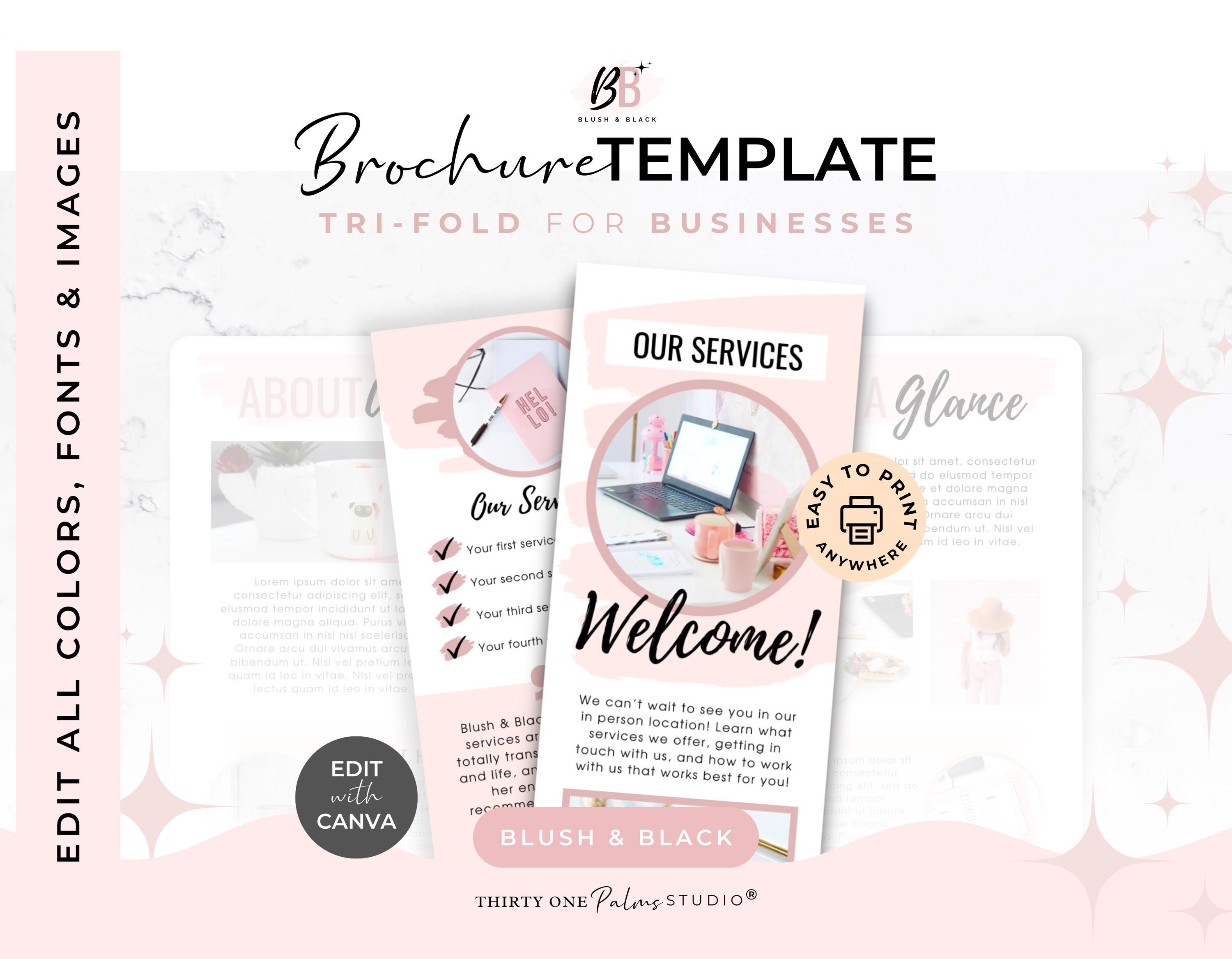 Modello di brochure modificabile per Canva - Modello Canva, brochure a tre ante, brochure aziendale, stampabile, immobiliare, coach, rosa e nero