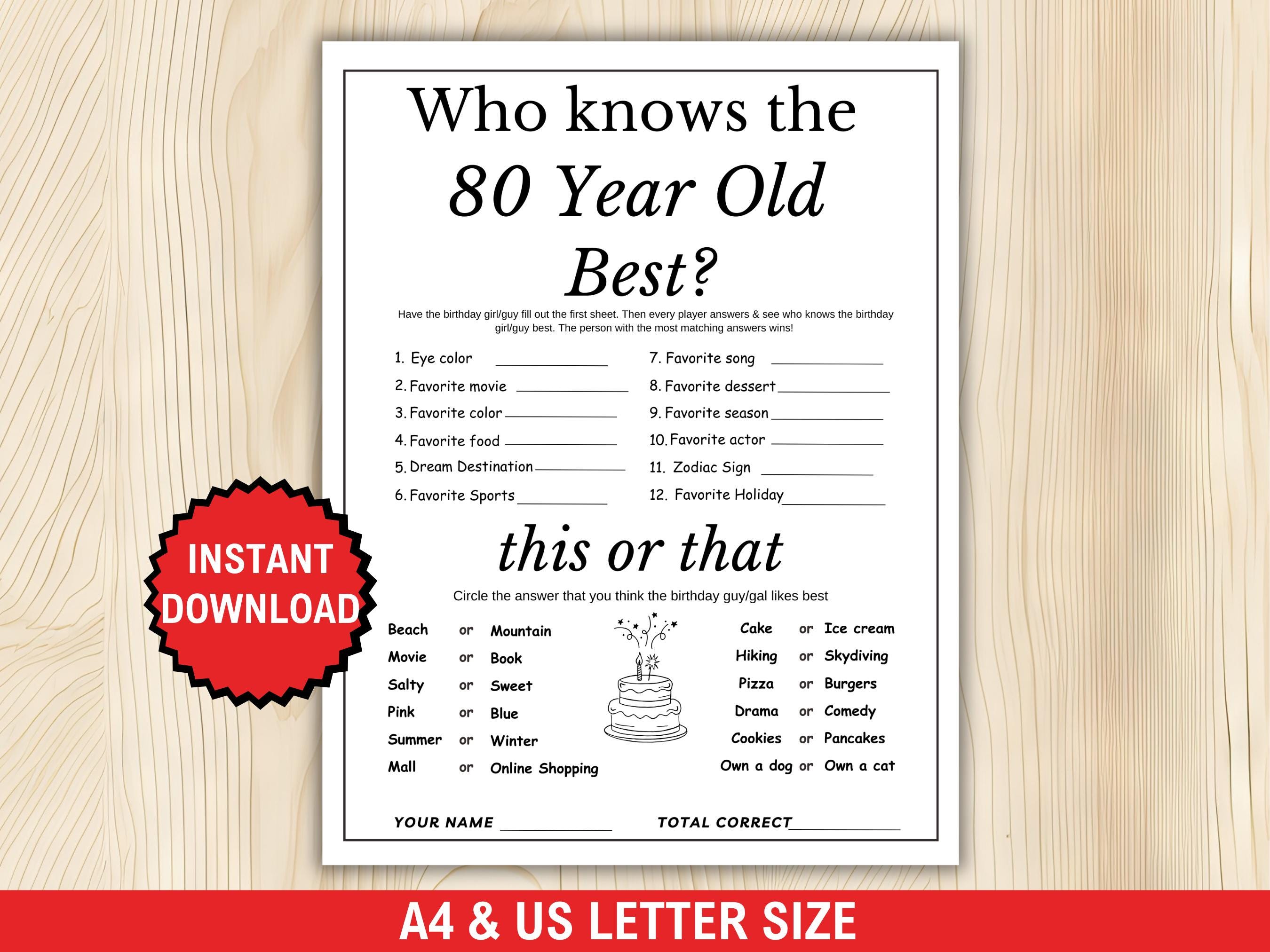 Chi conosce il miglior gioco per gli 80enni?, Gioco stampabile per l'80o compleanno, Attività per la festa dell'80o compleanno, Quiz sull'80o complean