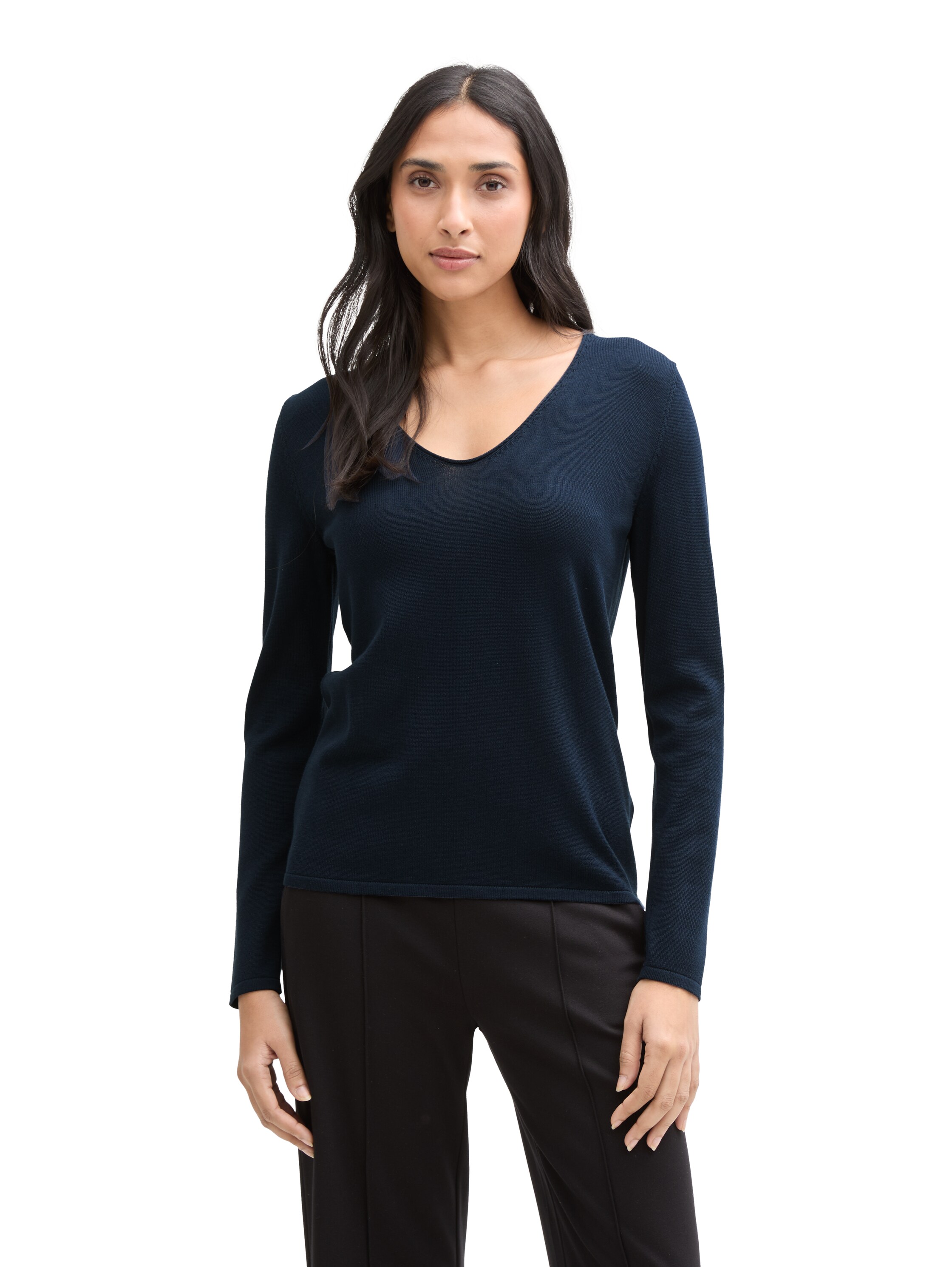 V-Ausschnitt-Pullover TOM TAILOR, Damen, Gr. XXXL(46), blau (sky captain blau), Strick, Obermaterial: 60% Baumwolle, 40% Viskose, unifarben, regular fit normal, V-Ausschnitt, Pullover, mit V-Ausschnitt