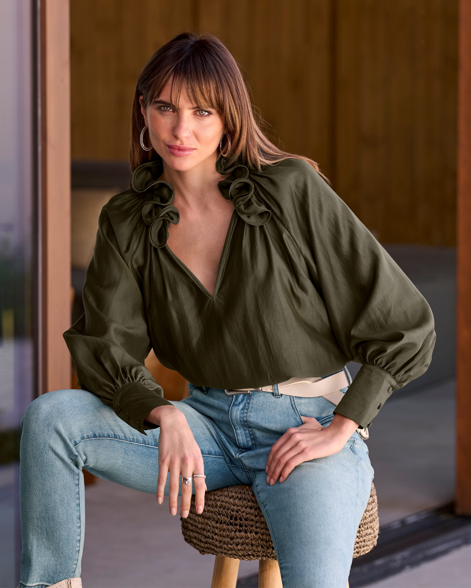 Boston Proper - Olive Night Green - Ruffle Collar Blouse - 2XS