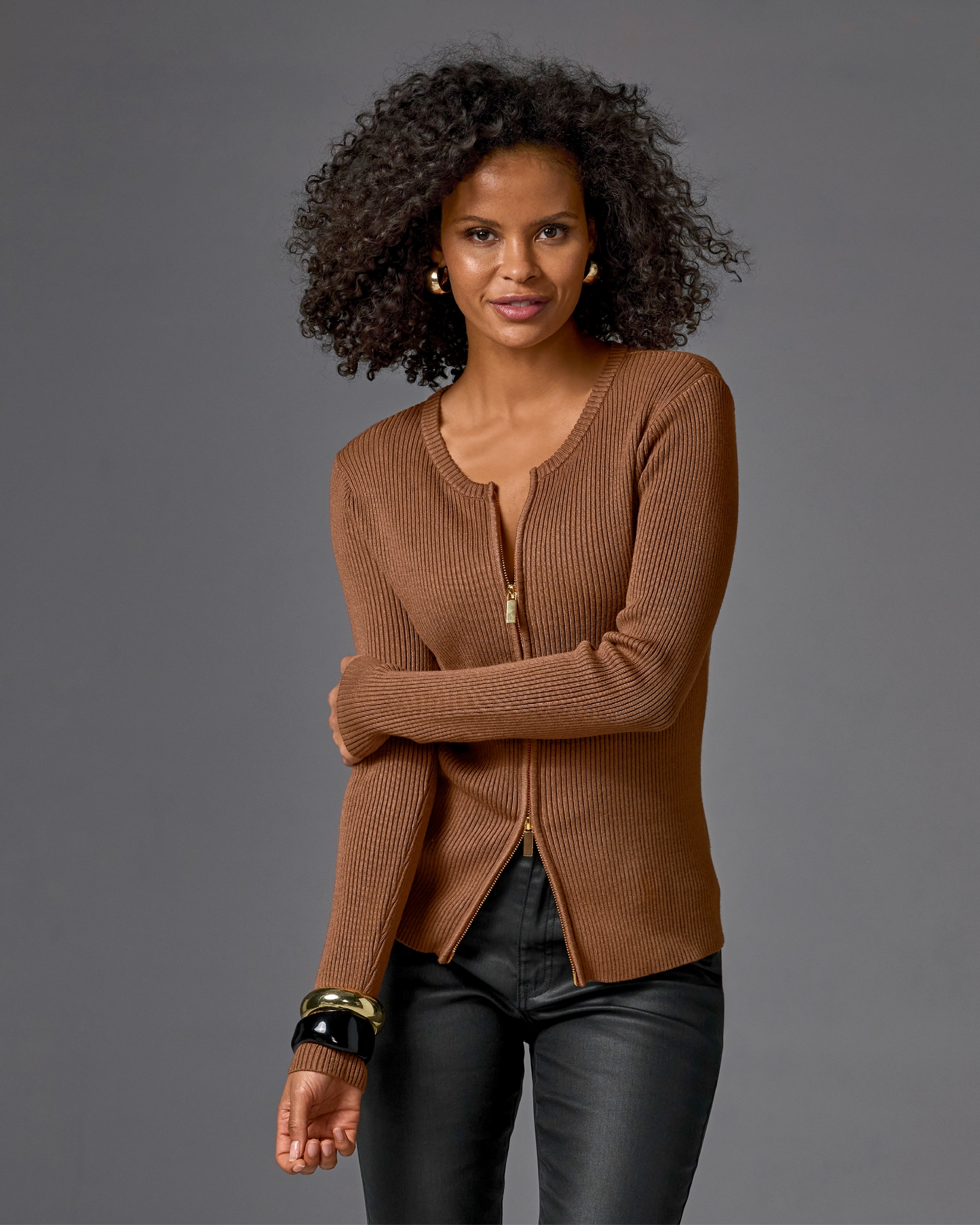 Boston Proper - Toffee Brown - Ribbed Collarless Full Zip Cardigan - 2XS