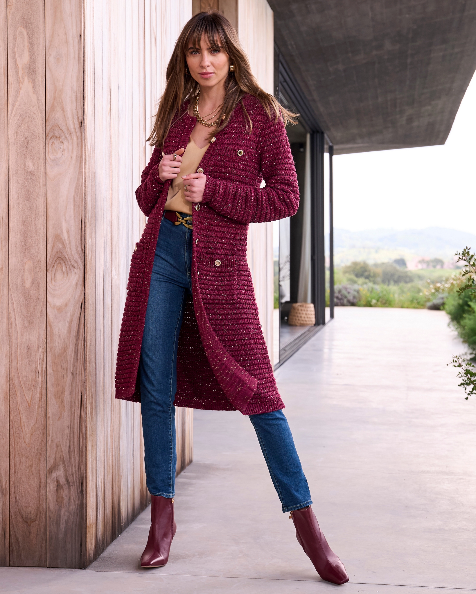 Boston Proper - Marled Lurex Sweater Duster Burgundy - 2XS