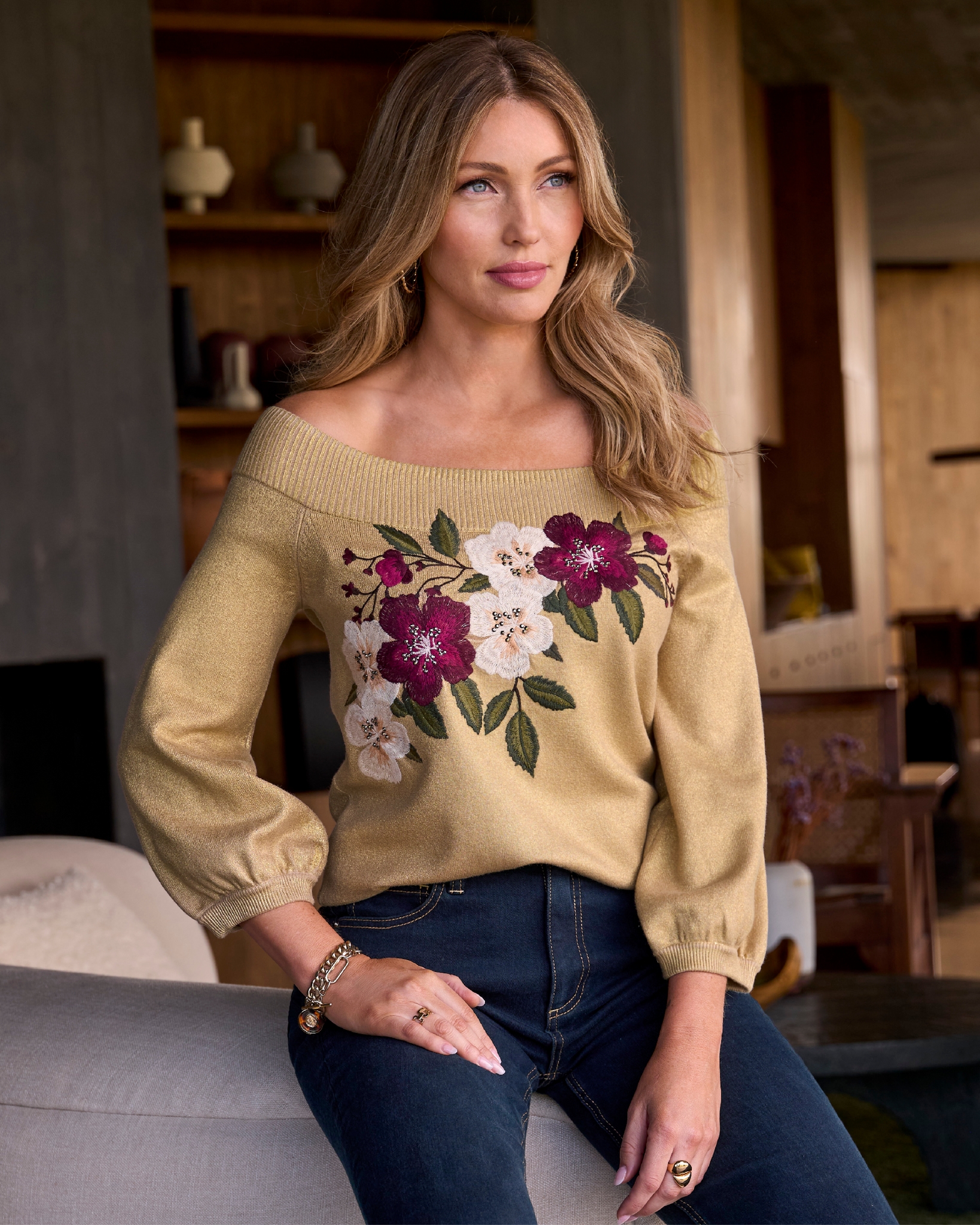 Boston Proper - Gold Yellow - Floral Embroidered Slouchy Sweater - 2XS