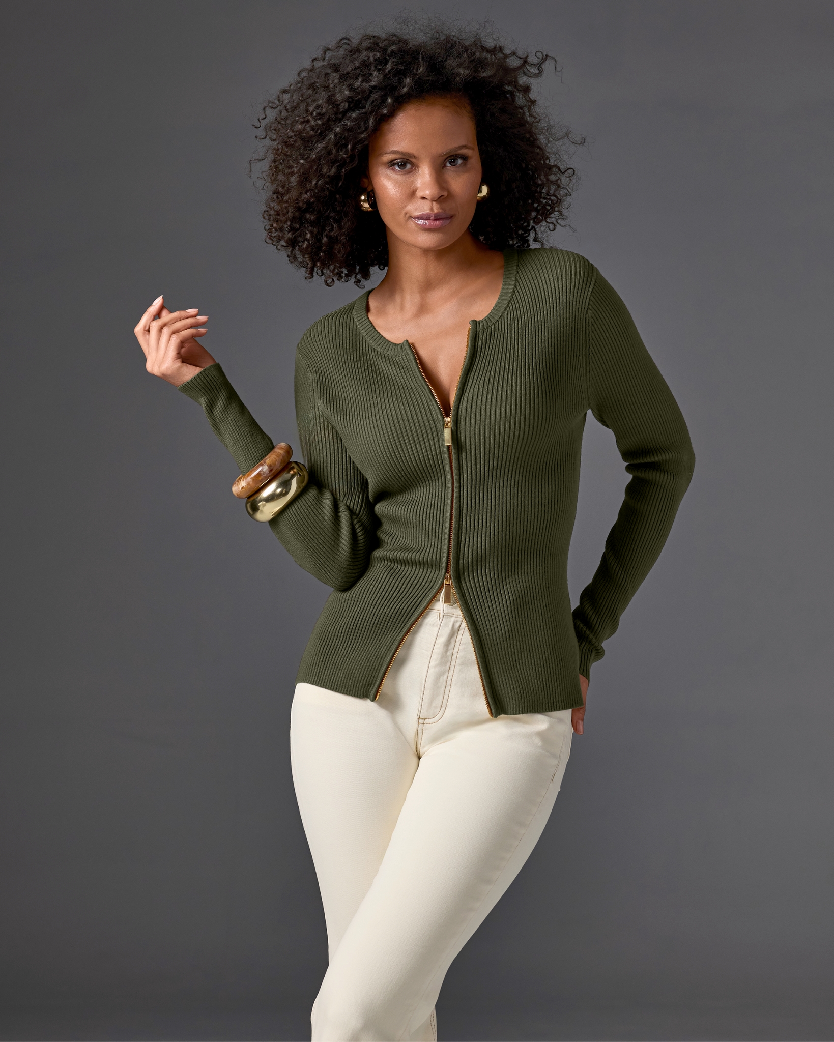 Boston Proper - Olive Night Green - Ribbed Collarless Full Zip Cardigan - 2XS