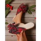 Women's Red Plaid Bow Knot Slip-On Mules, Festive Indoor Christmas Party and Holiday Gathering Shoes