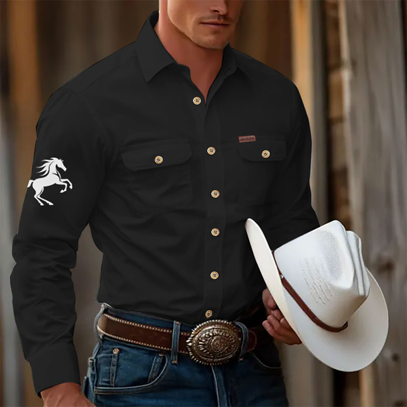 Men's Animal Horse Work Shirt Western Shirt Cargo Shirt Long Sleeve Tactical Vintage Retro Sports Outdoor WorkWear Spring Fall Turndown Front Two Pockets Button Up Shirts Black White Army Green Blue