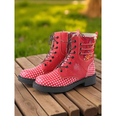 Women's Green Polka Dot Leather Lace-Up Ankle Boots with Colorful Patchwork Design, Comfortable Flat Heel Casual Outdoor Footwear