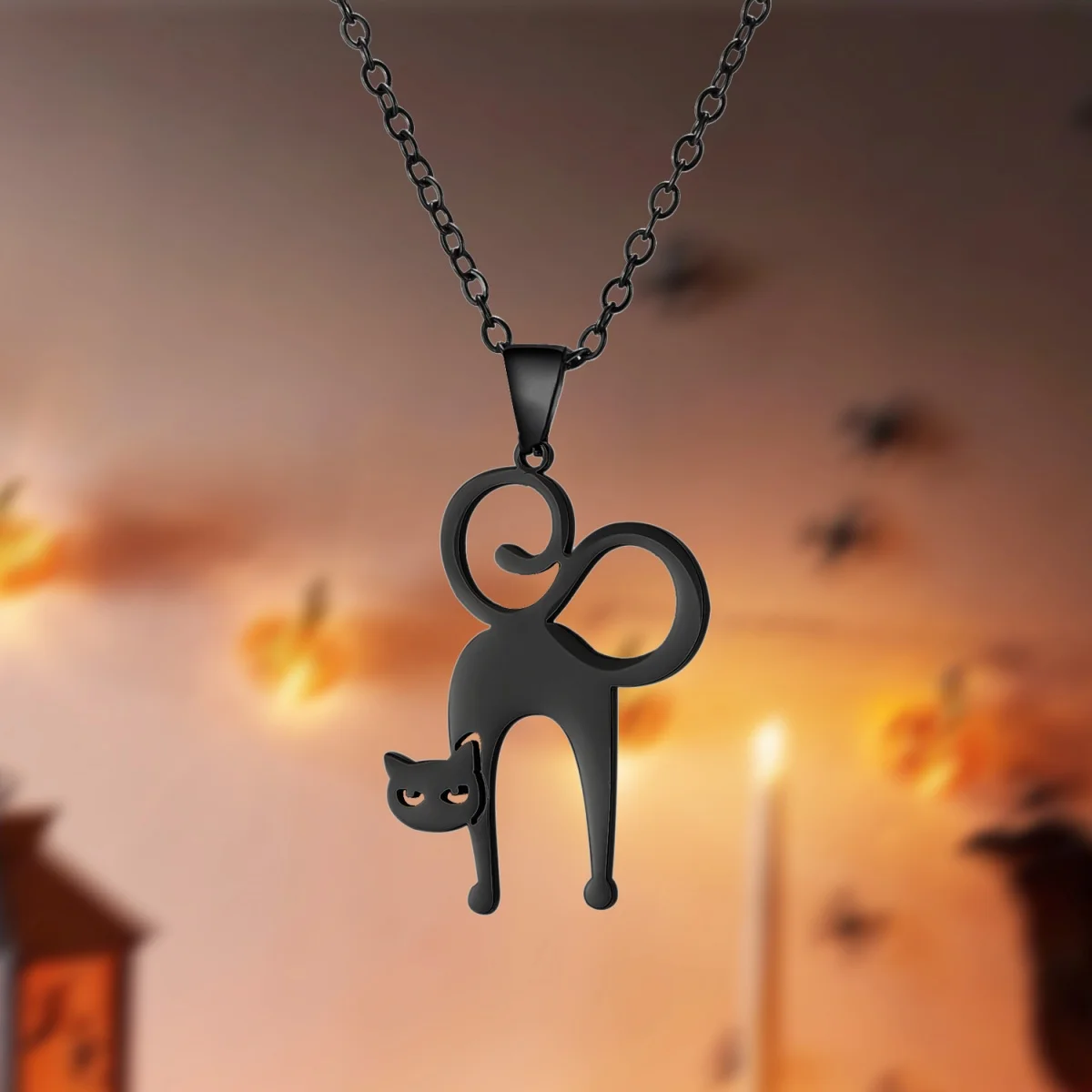 Cartoon Edelstahl Schwarze Katze Anhänger Halskette Für Frauen Männer Einfache Nette Metall Geist Tier Kätzchen Halsband Halloween Schmuck Image