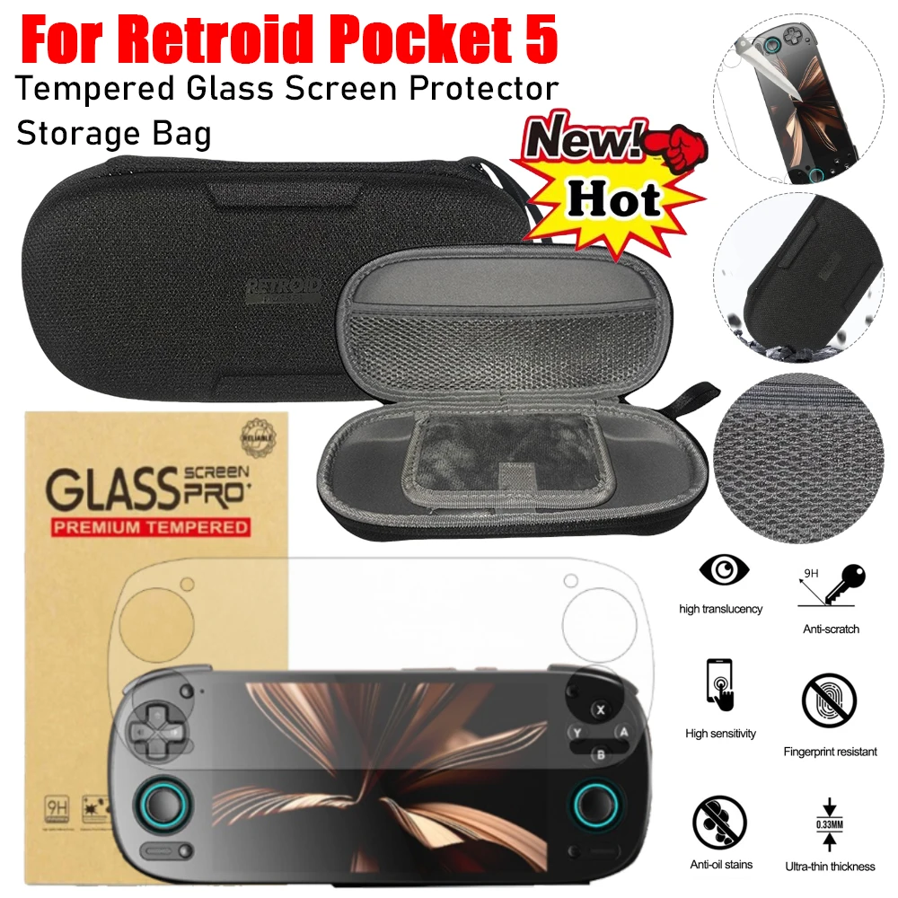 Für Retroid Pocket 5, gehärtetes Glas, Displayschutzfolien, schützende Aufbewahrungstasche für Retroid Pocket 5, Spielkonsolen-Zubehör Image