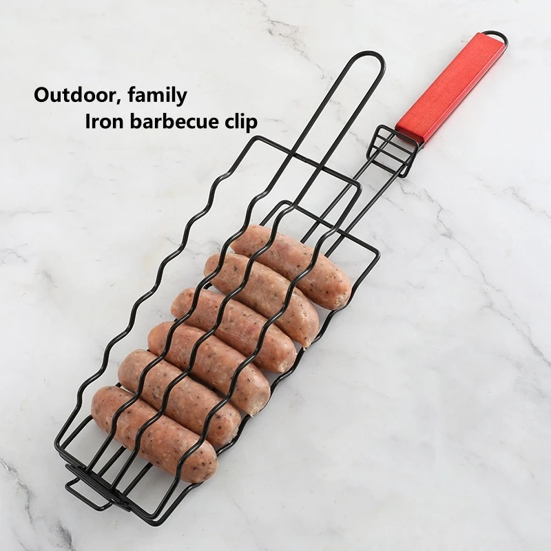 Wurst-Grillnetz, Barbecue-Grill mit Holzgriff, Antihaft-Grill-Clip, Outdoor-Feuerwurst-Grillnetz Image