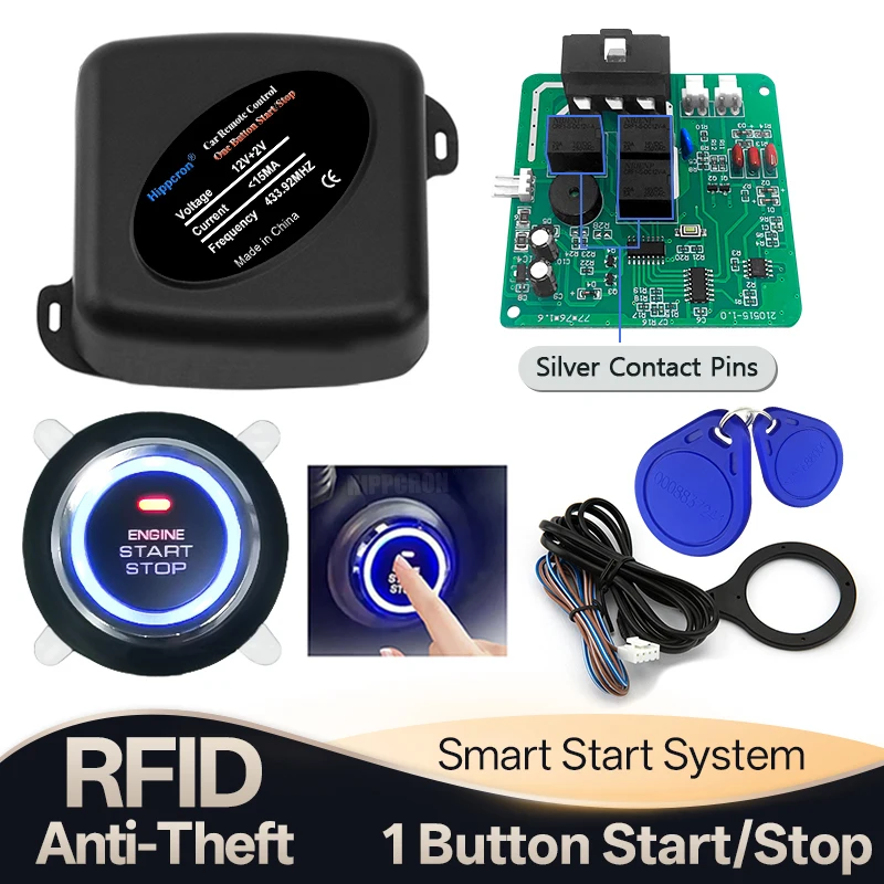 Hippcron Auto-Alarm, Start-Stopp-Taste, Motor 2, RFID, schlüsselloses Zugangssystem, Druckknopf, Starter-Stopp, automatischer Diebstahlschutz, universell Image