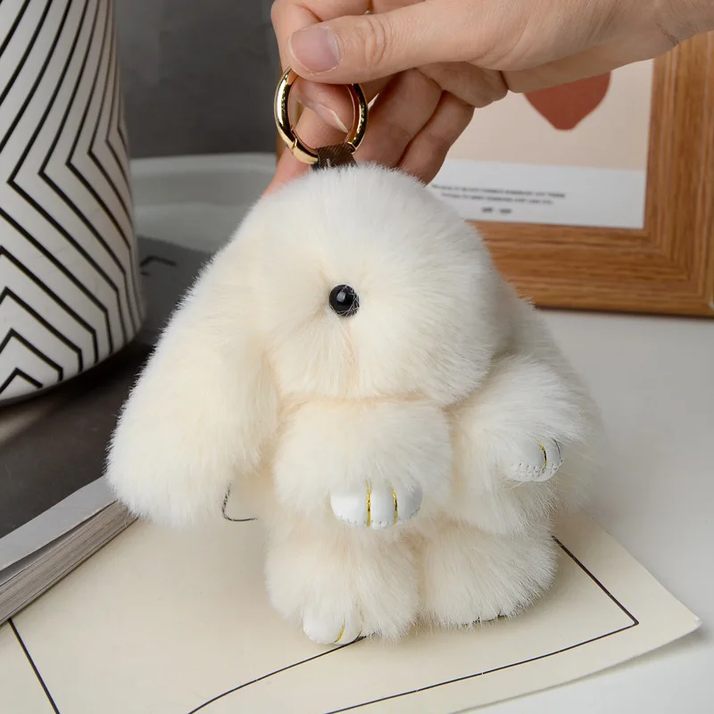 Flauschiger Kaninchen-Schlüsselanhänger für Autoschlüssel, süßer Hase, Pompon, Tasche, Handtasche, Dekor, Charms, Zubehör, weiches Kunstfell, Geschenke für Mädchen und Frauen Image
