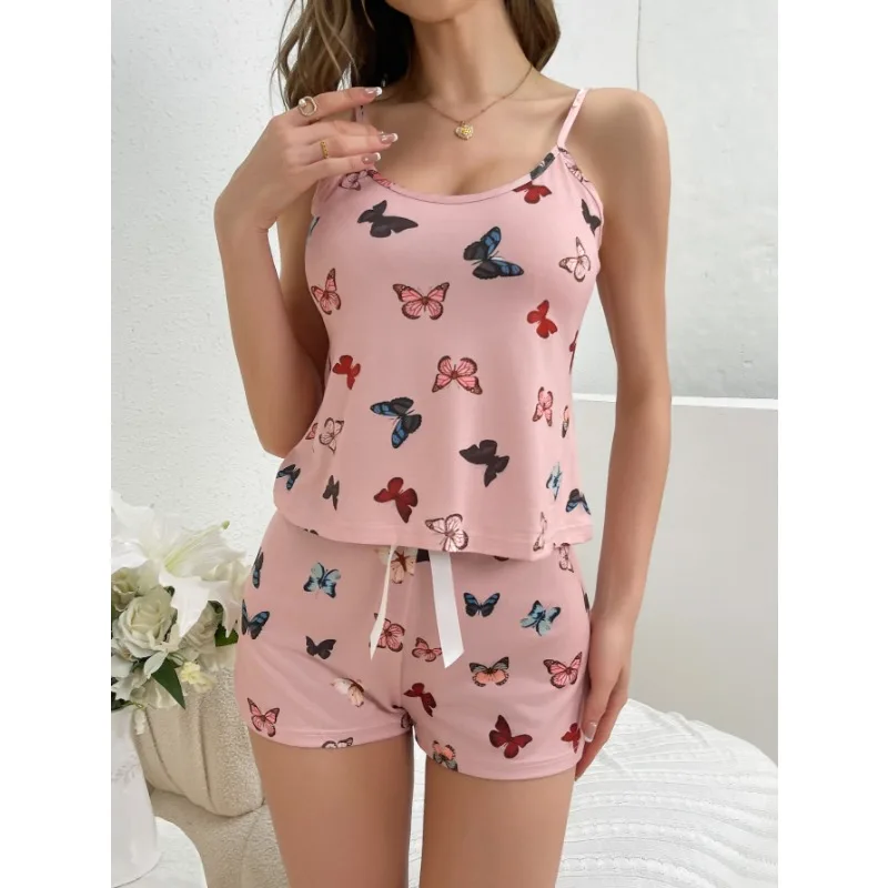 Nacht Tragen Frauen Sexy Einfache Plus Größe Sommer Hosenträger Schmetterling Drucken Zwei Stück Ärmellose Weste Shorts Loungewear Nachtwäsche Image